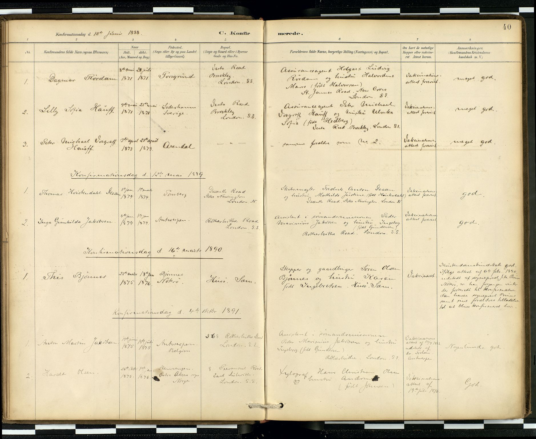 Den norske sjømannsmisjon i utlandet/London m/bistasjoner, AV/SAB-SAB/PA-0103/H/Ha/L0002: Parish register (official) no. A 2, 1887-1903, p. 39b-40a