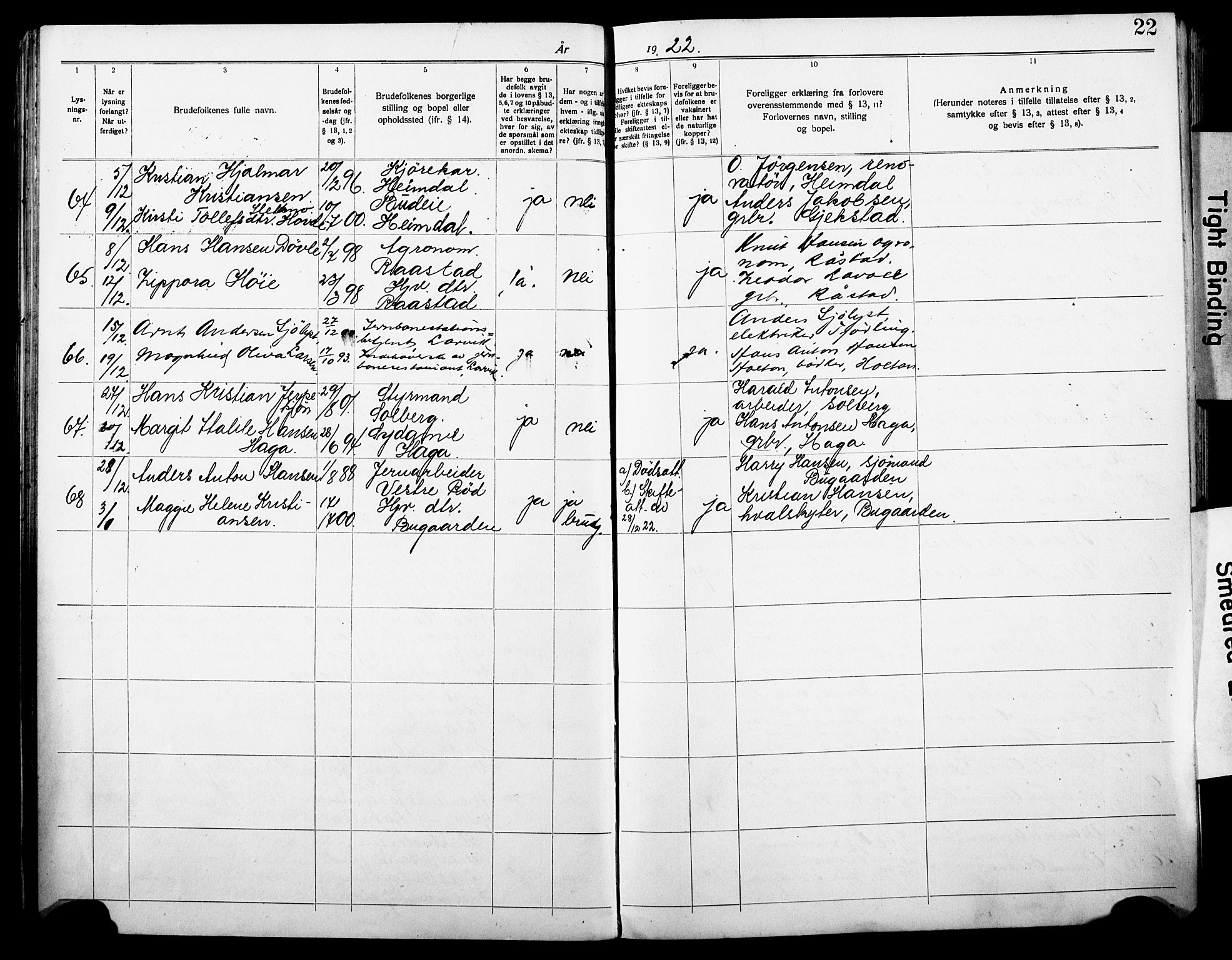 Sandar kirkebøker, SAKO/A-243/H/Ha/L0005: Banns register no. 5, 1919-1931, p. 22