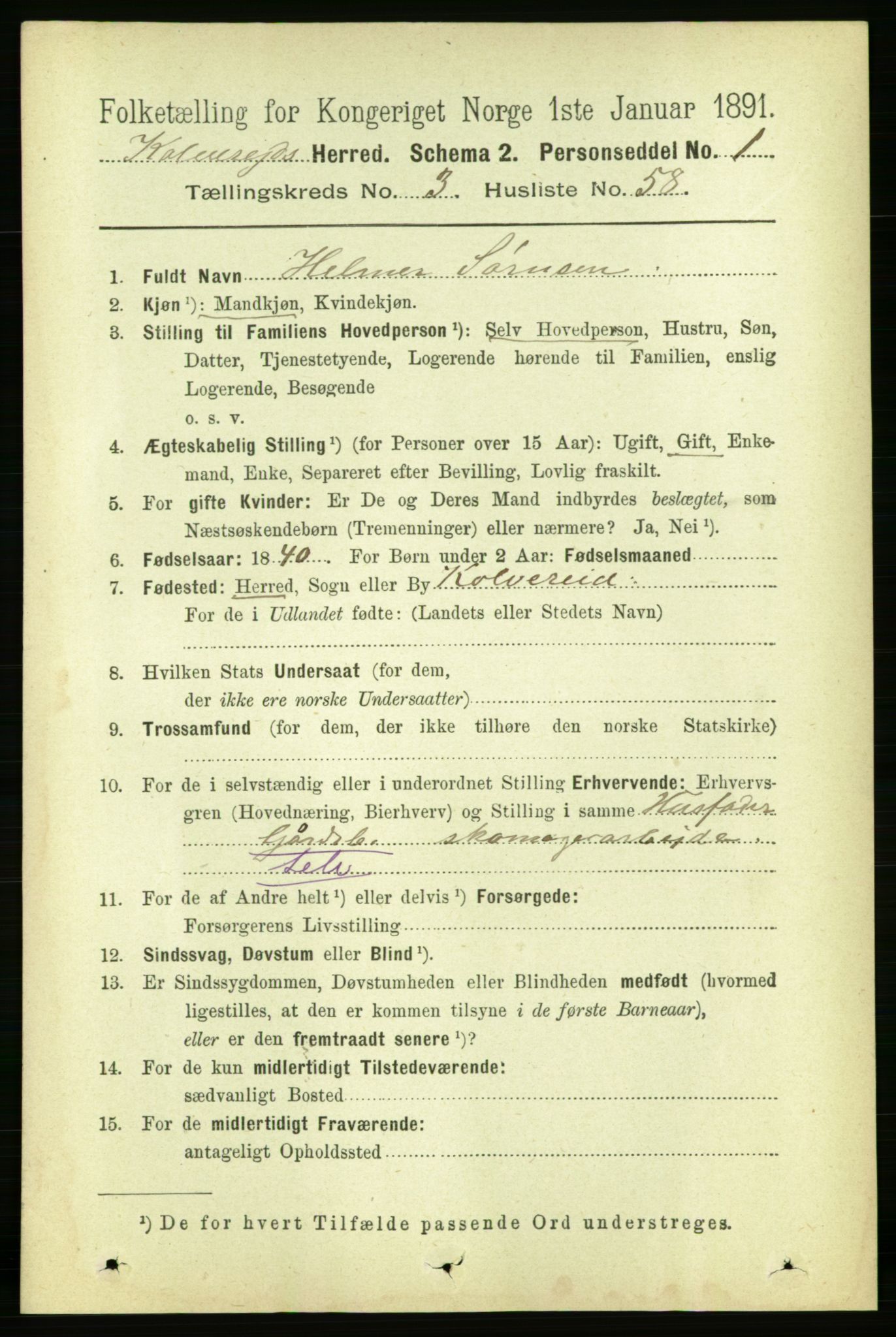 RA, 1891 census for 1752 Kolvereid, 1891, p. 1235