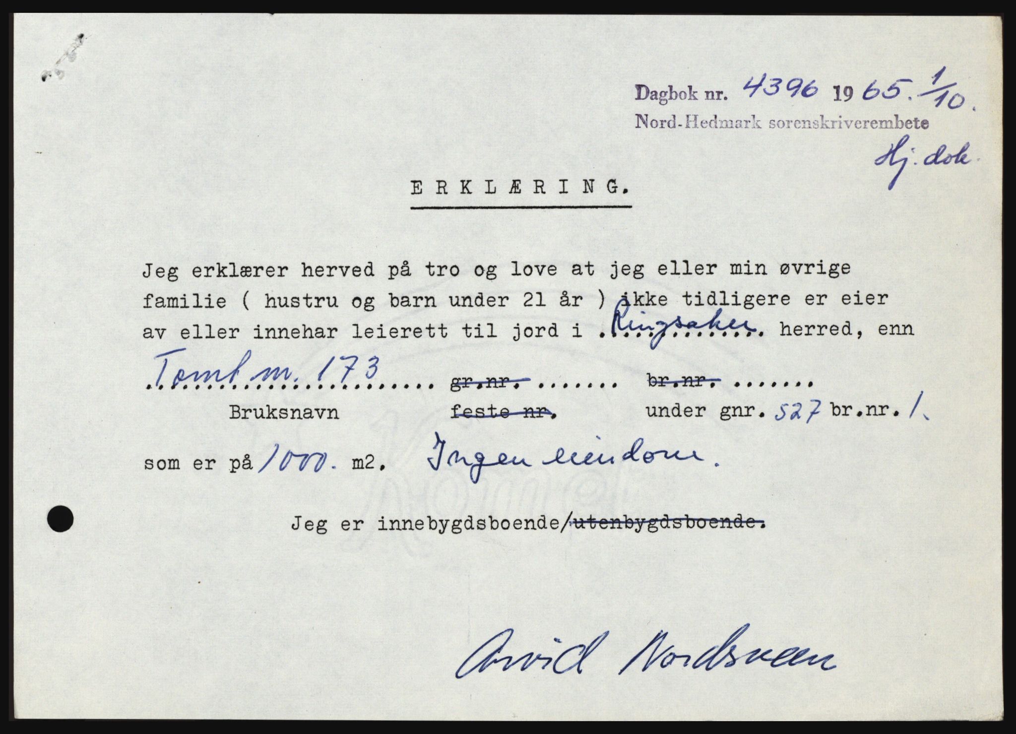 Nord-Hedmark sorenskriveri, SAH/TING-012/H/Hc/L0022: Mortgage book no. 22, 1965-1965, Diary no: : 4396/1965