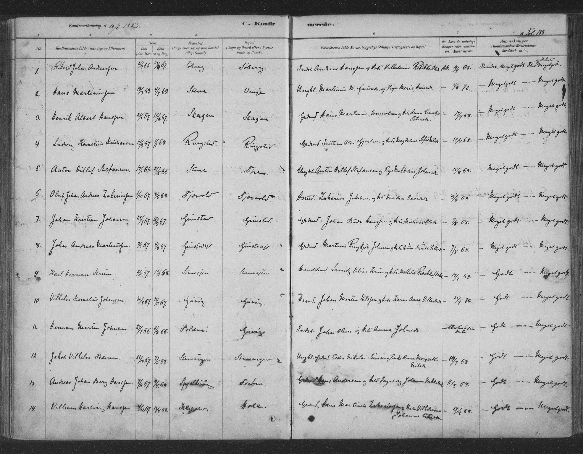 Ministerialprotokoller, klokkerbøker og fødselsregistre - Nordland, AV/SAT-A-1459/891/L1302: Parish register (official) no. 891A07, 1878-1895, p. 188