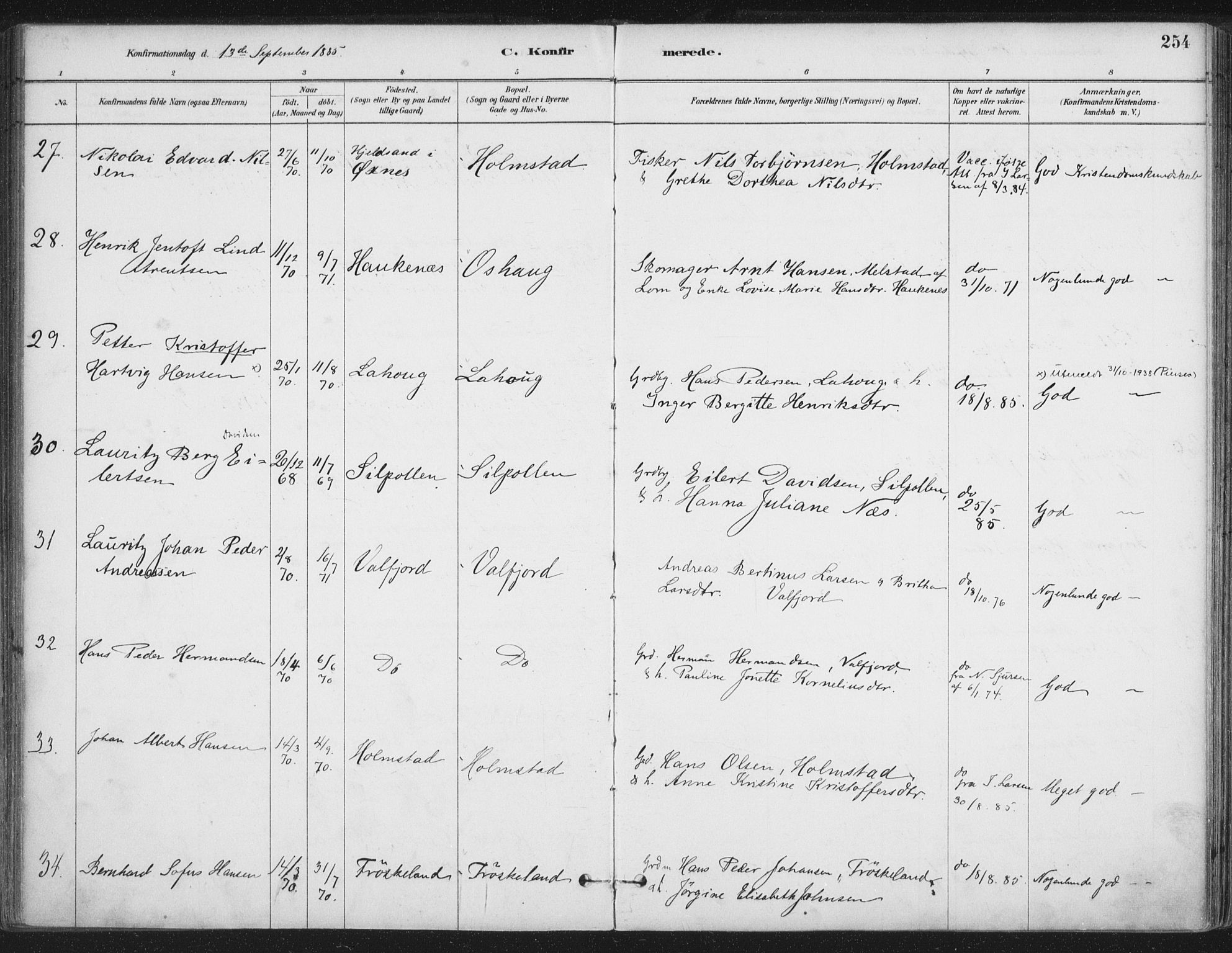 Ministerialprotokoller, klokkerbøker og fødselsregistre - Nordland, SAT/A-1459/888/L1244: Parish register (official) no. 888A10, 1880-1890, p. 254