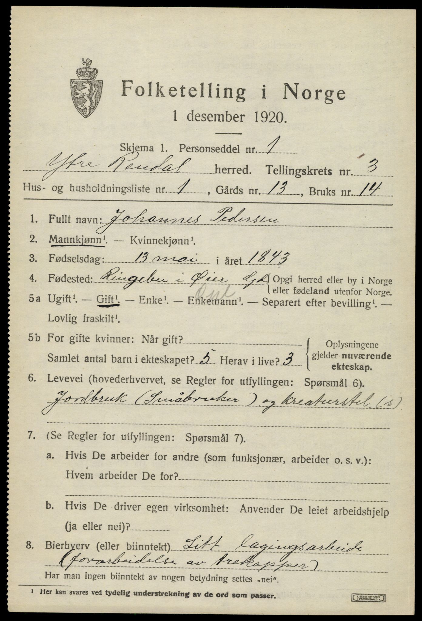 SAH, 1920 census for Ytre Rendal, 1920, p. 1597