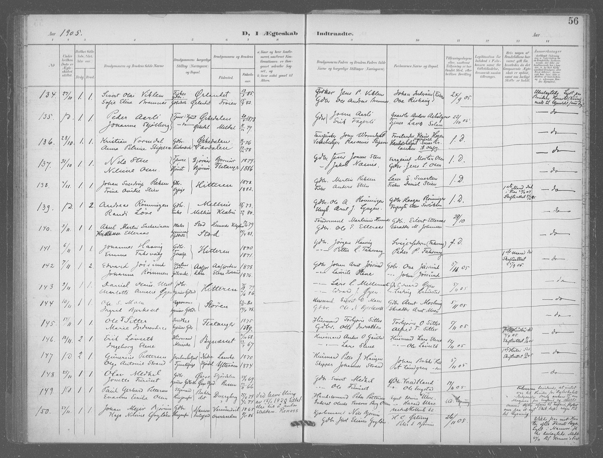 Ministerialprotokoller, klokkerbøker og fødselsregistre - Sør-Trøndelag, SAT/A-1456/601/L0077: Curate's parish register no. 601B10, 1900-1907, p. 56