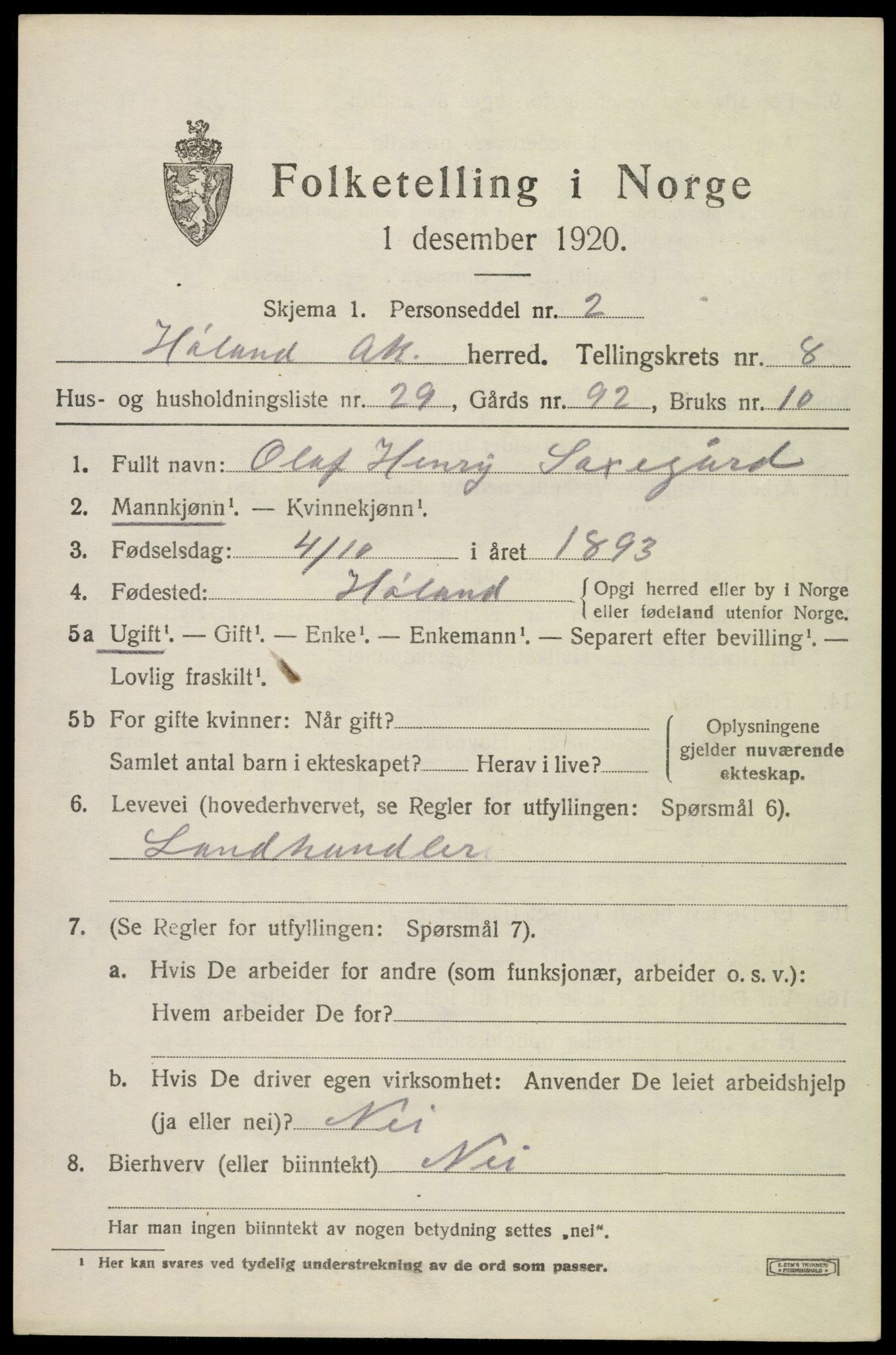 SAO, 1920 census for Høland, 1920, p. 10007