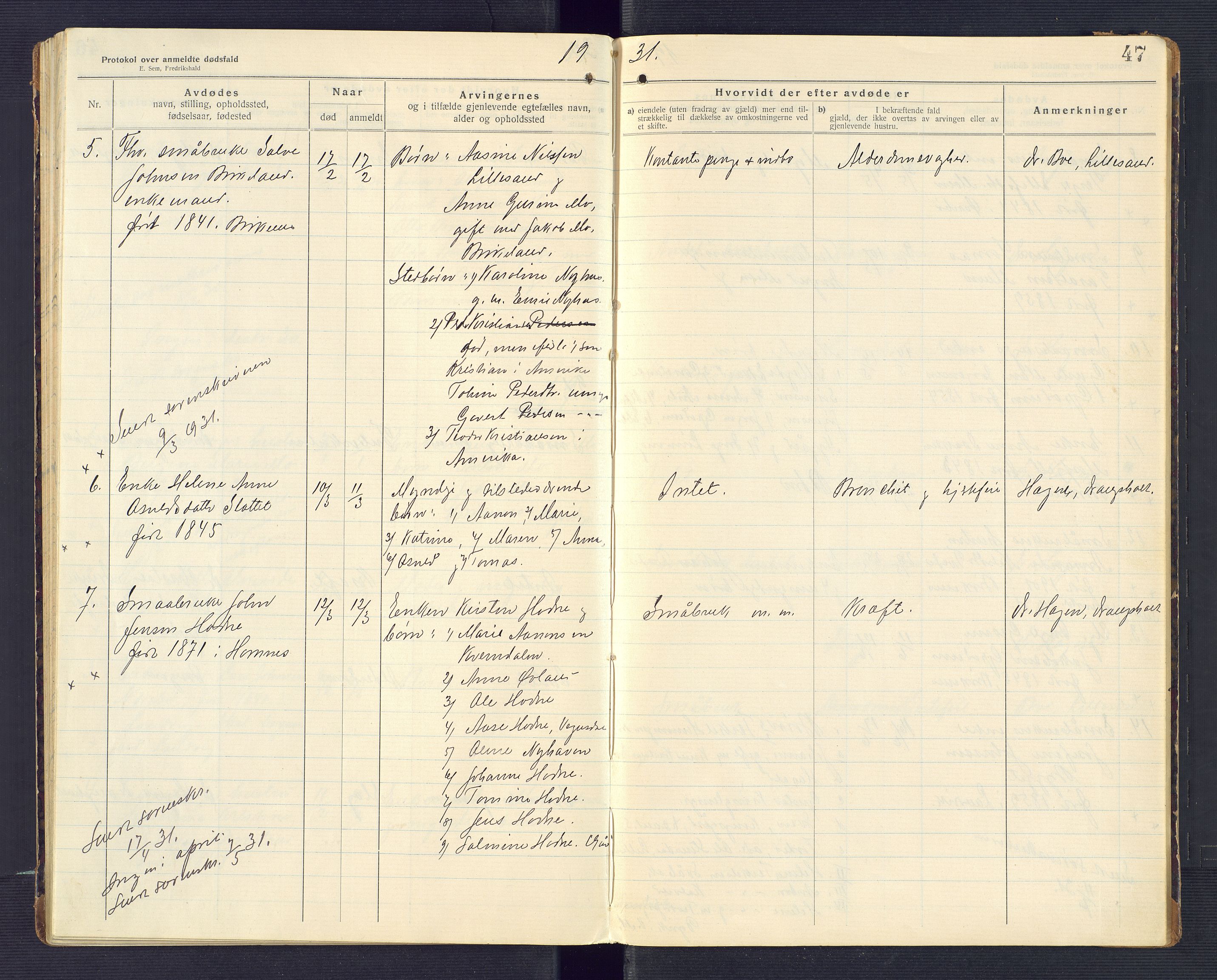 Birkenes lensmannskontor, AV/SAK-1241-0004/F/Fe/L0001/0002: Dødsfallsprotokoller / Dødsfallsprotokoll, 1920-1932, p. 47