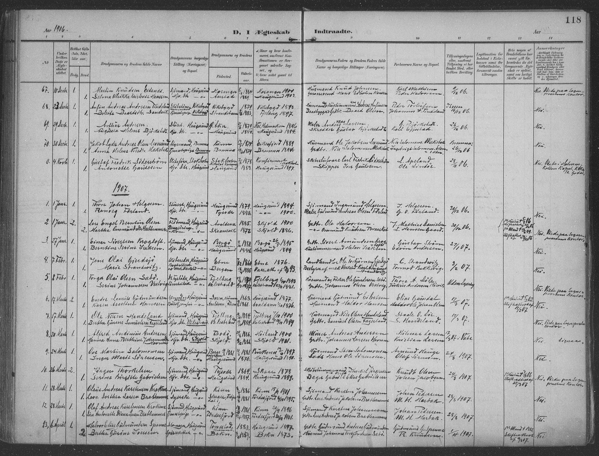 Haugesund sokneprestkontor, SAST/A -101863/H/Ha/Haa/L0007: Parish register (official) no. A 7, 1904-1916, p. 118