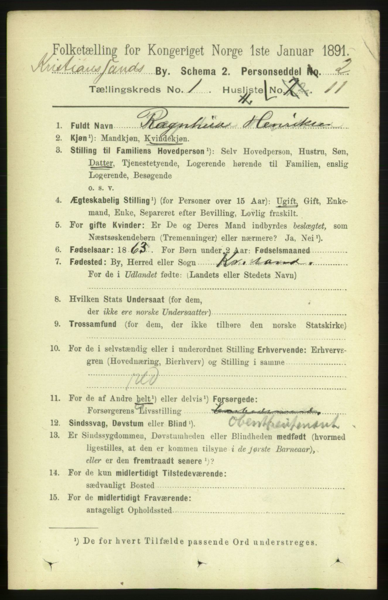 RA, 1891 census for 1001 Kristiansand, 1891, p. 2871