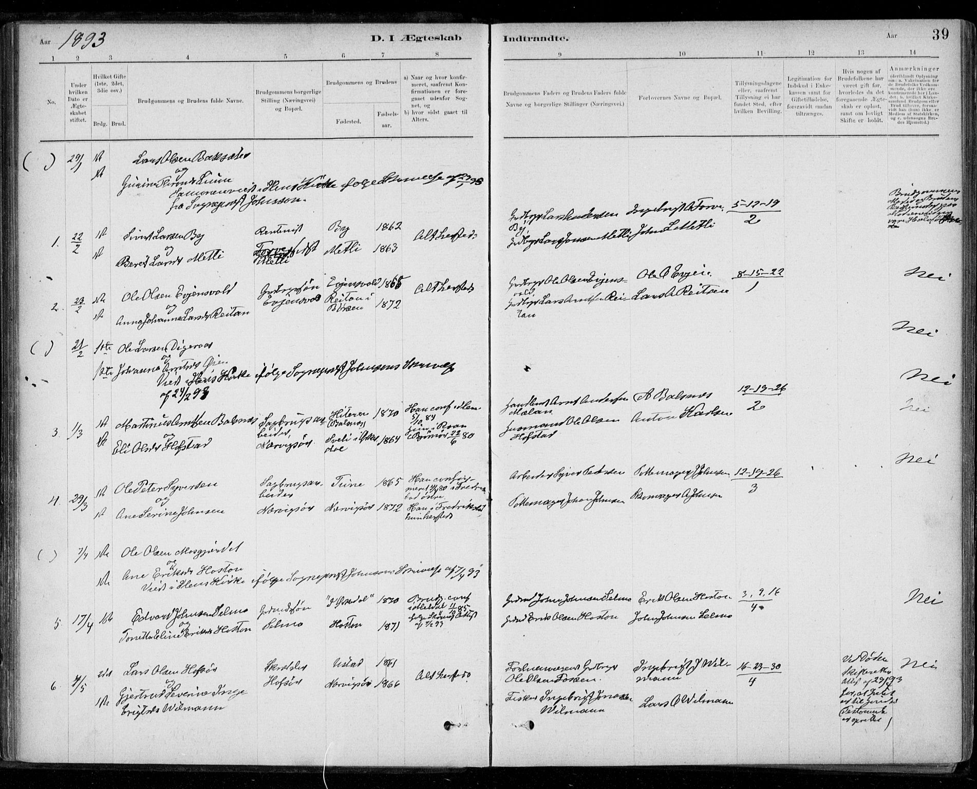 Ministerialprotokoller, klokkerbøker og fødselsregistre - Sør-Trøndelag, SAT/A-1456/668/L0810: Parish register (official) no. 668A10, 1881-1894, p. 39