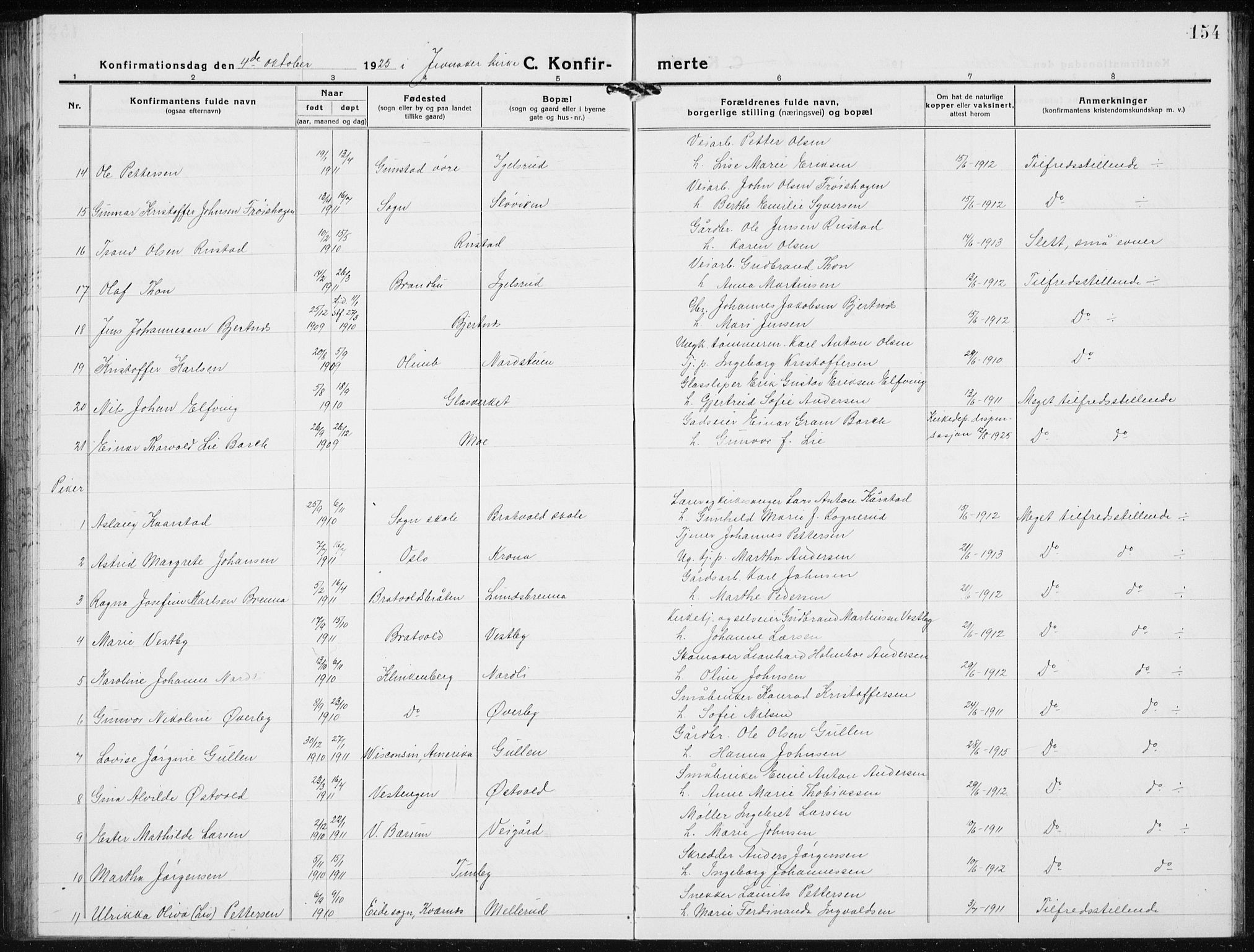 Jevnaker prestekontor, AV/SAH-PREST-116/H/Ha/Hab/L0005: Parish register (copy) no. 5, 1919-1934, p. 154
