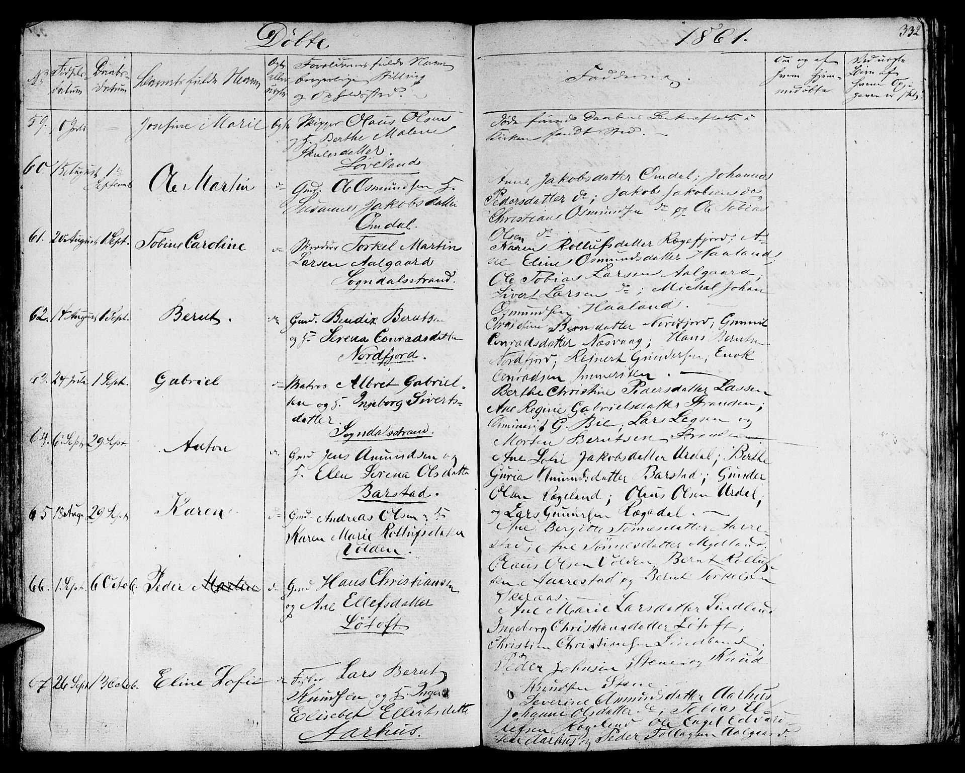 Sokndal sokneprestkontor, SAST/A-101808: Parish register (copy) no. B 2, 1849-1865, p. 332