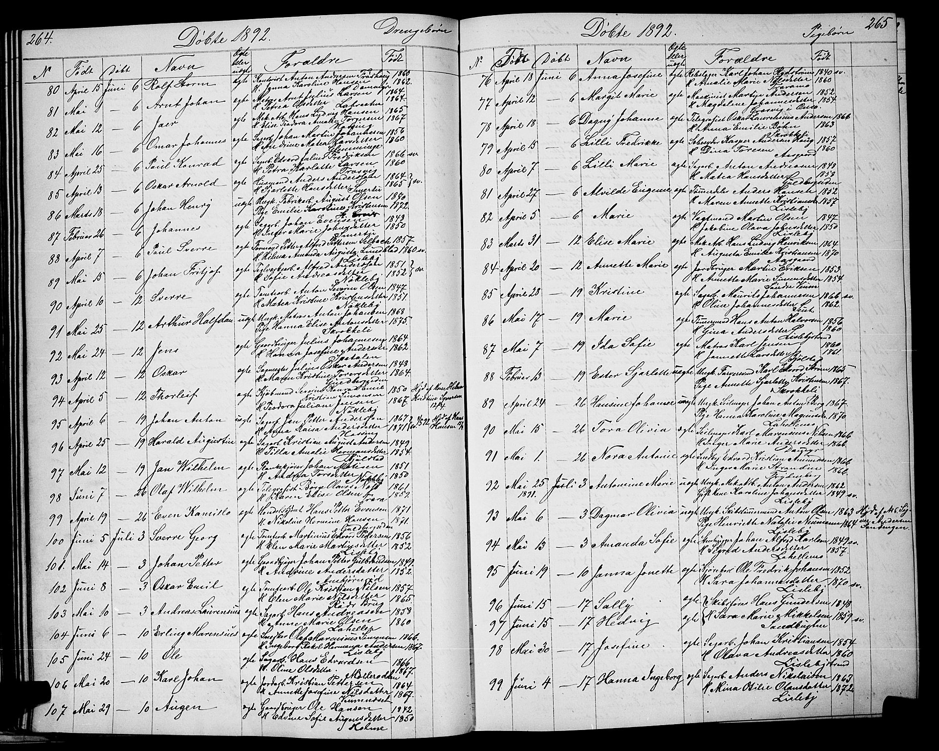 Glemmen prestekontor Kirkebøker, AV/SAO-A-10908/G/Ga/L0005: Parish register (copy) no. 5, 1876-1893, p. 264-265