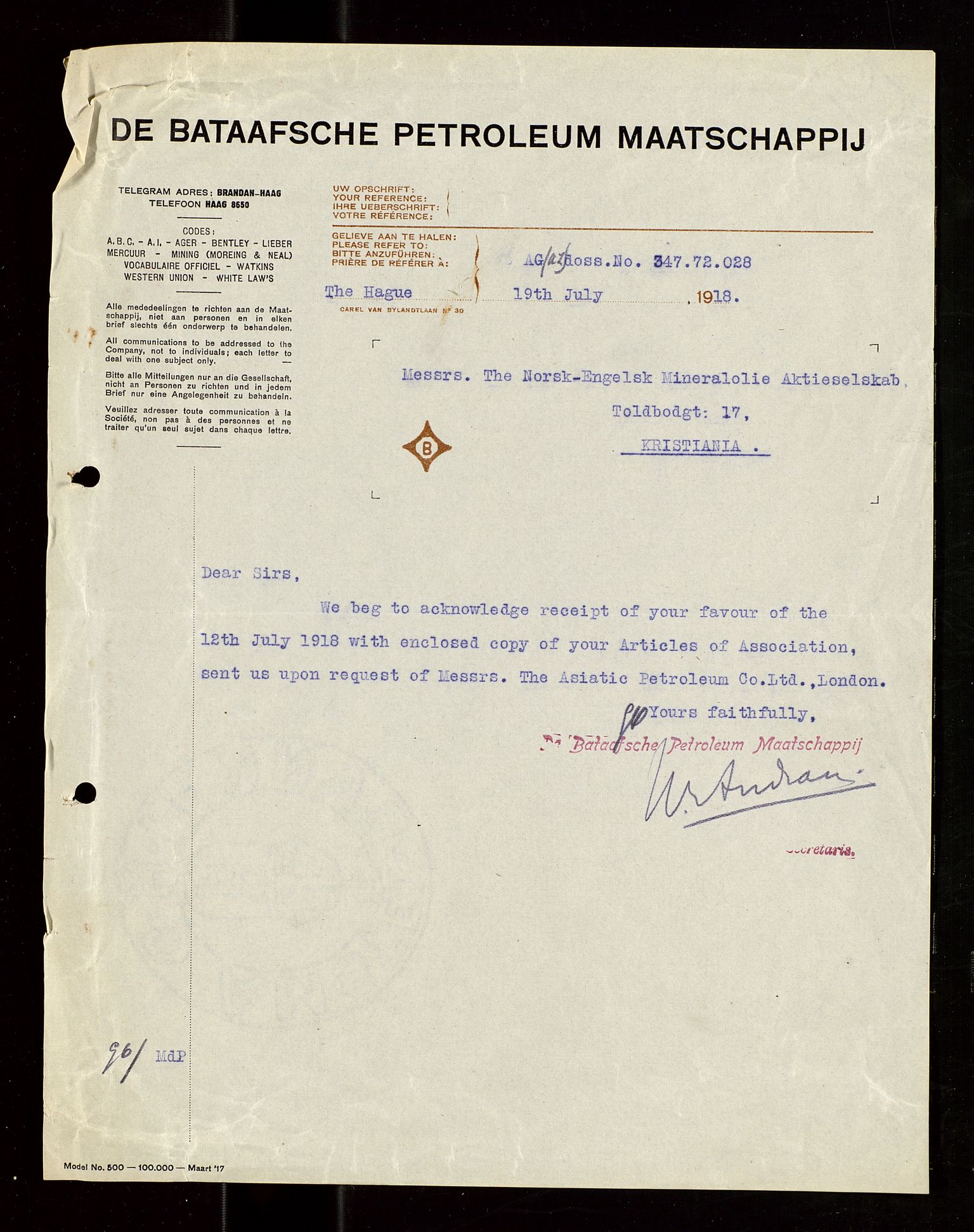 Pa 1521 - A/S Norske Shell, SAST/A-101915/E/Ea/Eaa/L0021: Sjefskorrespondanse, 1918, p. 74