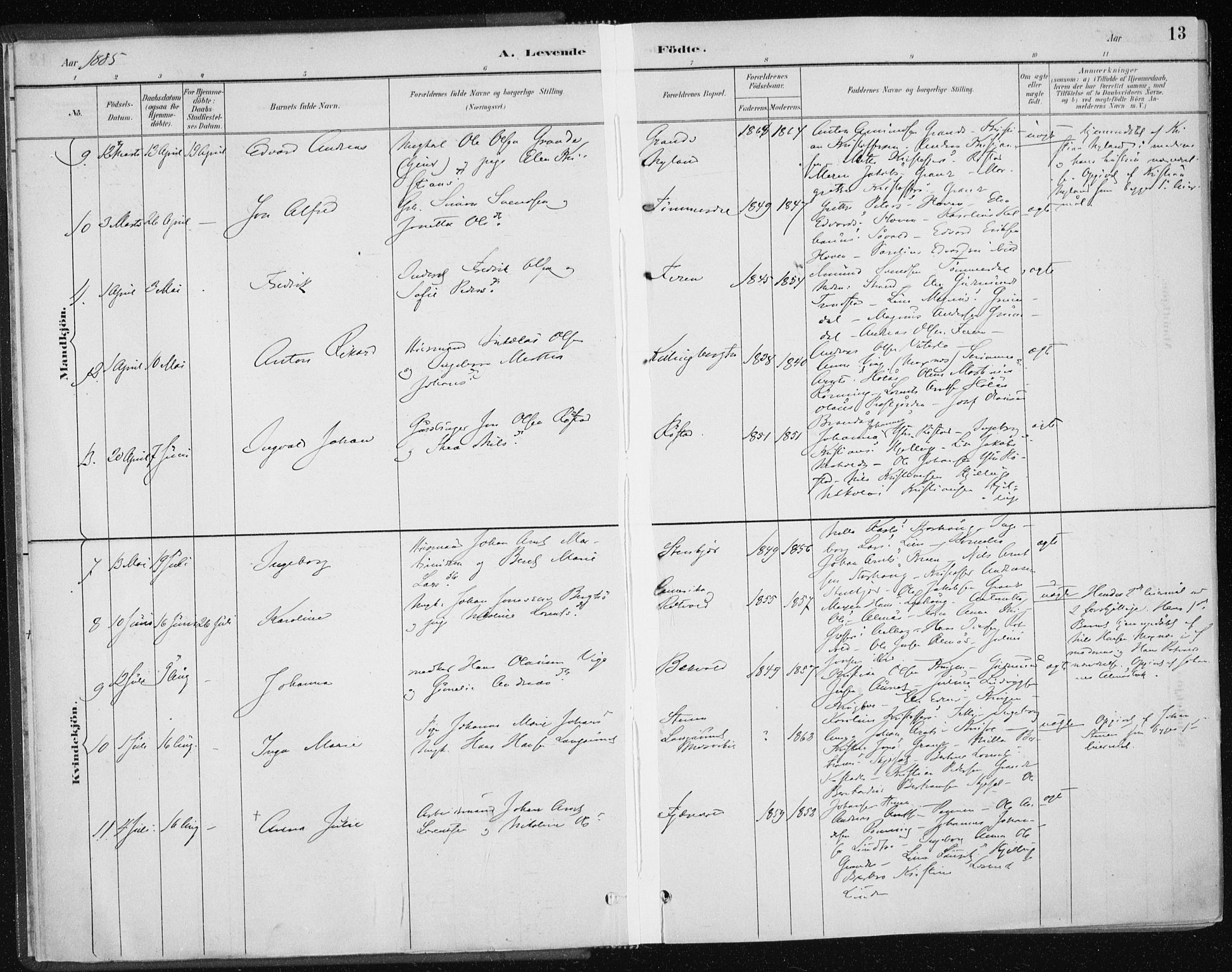 Ministerialprotokoller, klokkerbøker og fødselsregistre - Nord-Trøndelag, SAT/A-1458/701/L0010: Parish register (official) no. 701A10, 1883-1899, p. 13