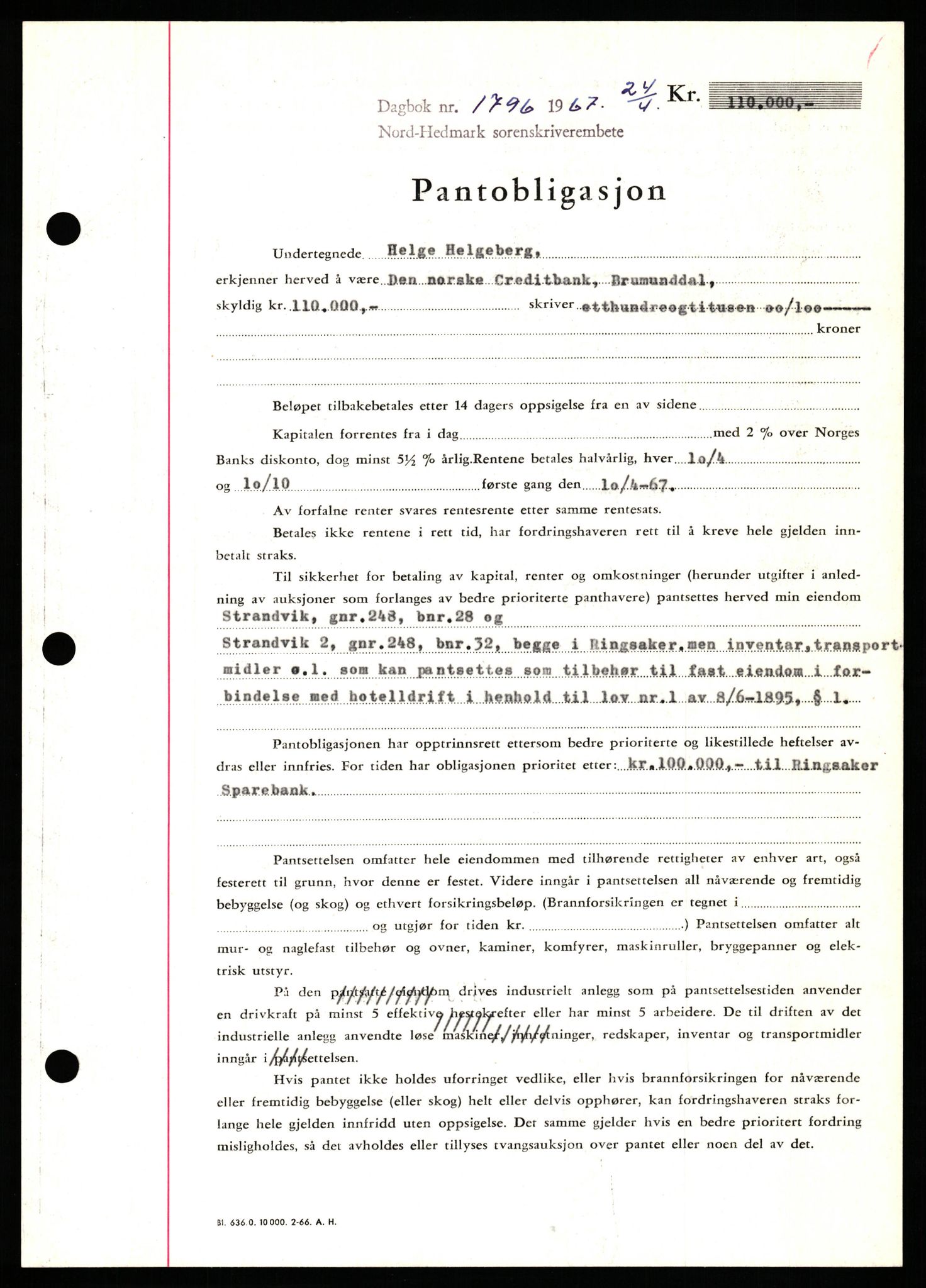 Nord-Hedmark sorenskriveri, SAH/TING-012/H/Hb/Hbf/L0071: Mortgage book no. B71, 1967-1967, Diary no: : 1796/1967