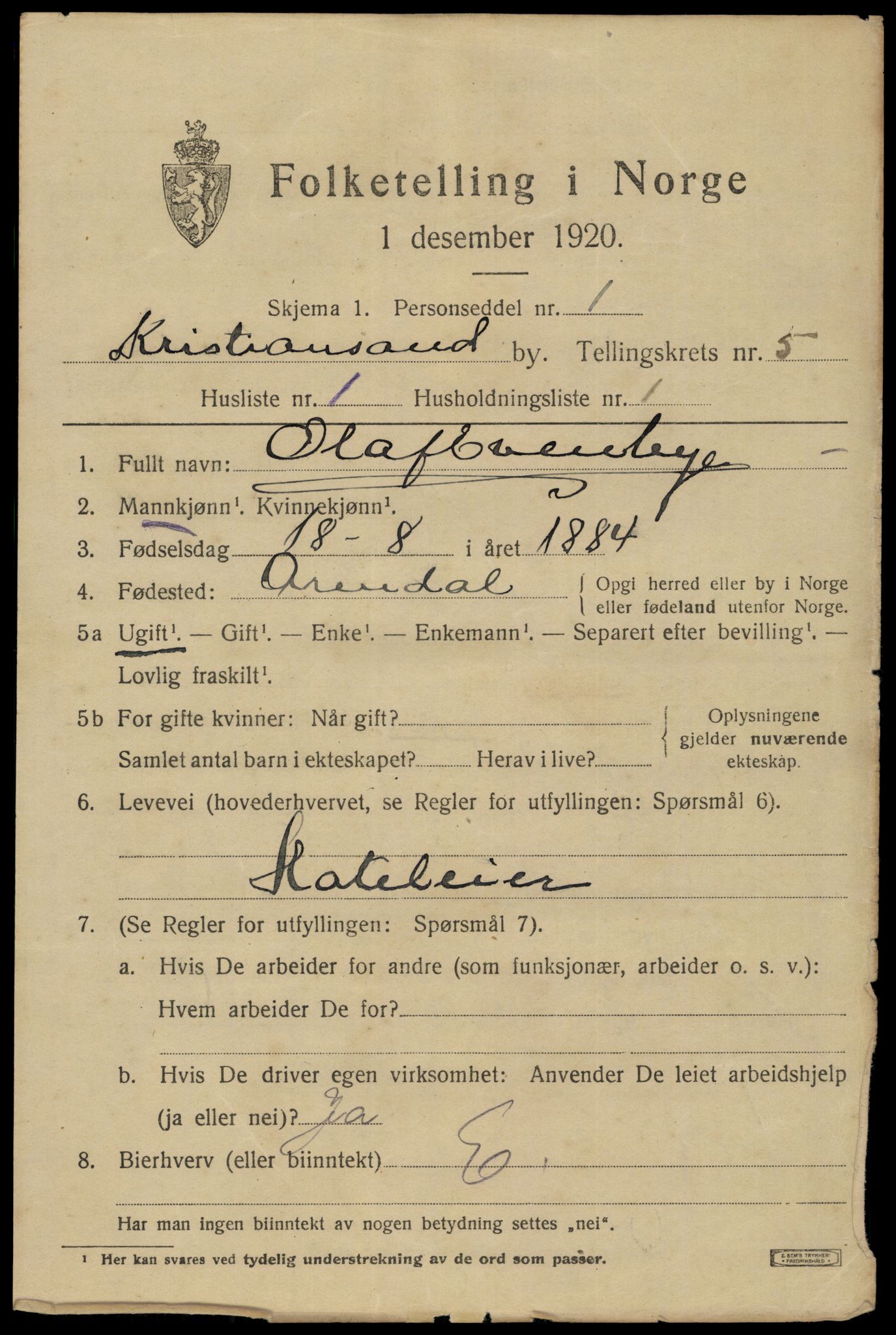 SAK, 1920 census for Kristiansand, 1920, p. 16755