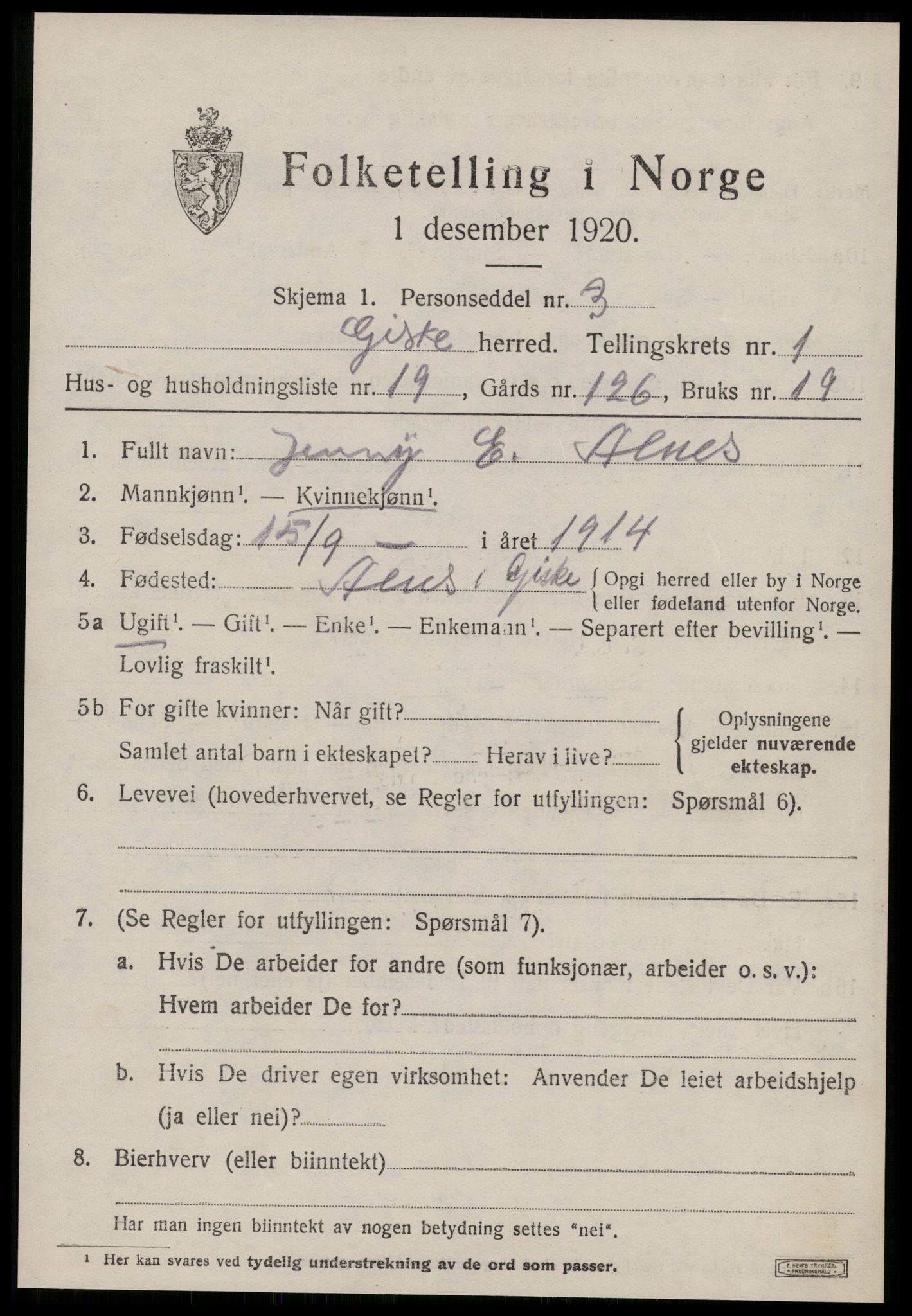 SAT, 1920 census for Giske, 1920, p. 838