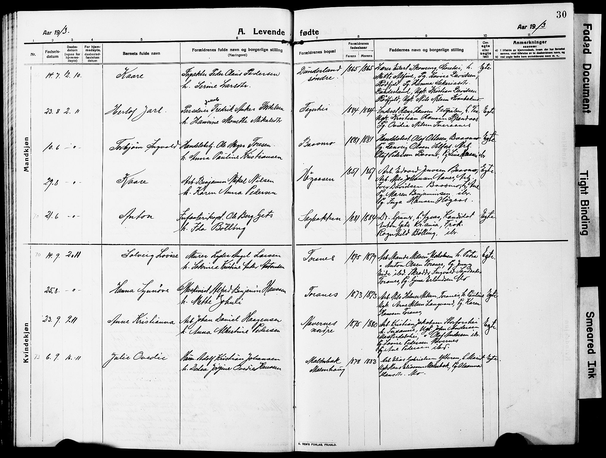 Ministerialprotokoller, klokkerbøker og fødselsregistre - Nordland, AV/SAT-A-1459/827/L0423: Parish register (copy) no. 827C12, 1912-1930, p. 30