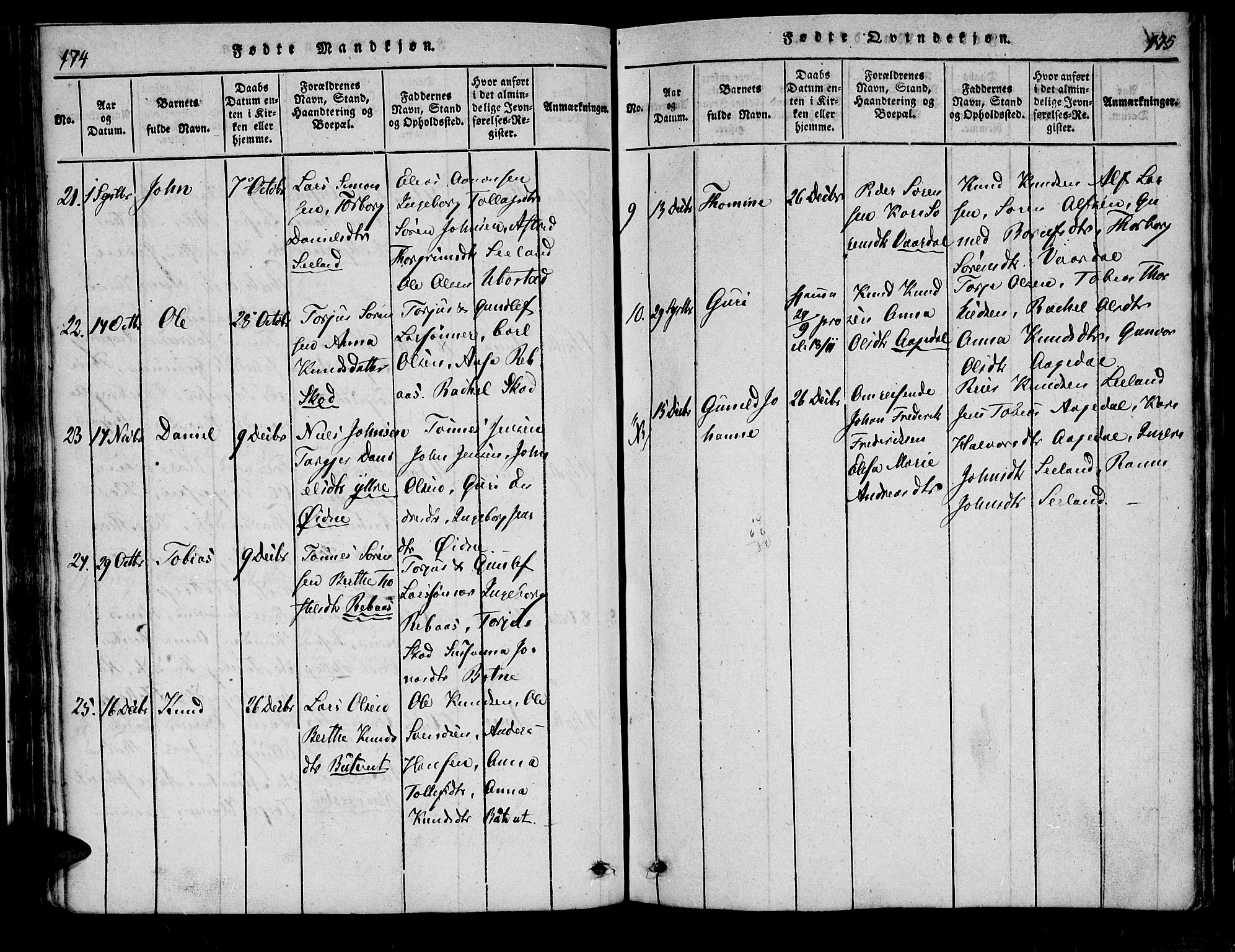 Bjelland sokneprestkontor, AV/SAK-1111-0005/F/Fa/Fac/L0001: Parish register (official) no. A 1, 1815-1866, p. 174-175