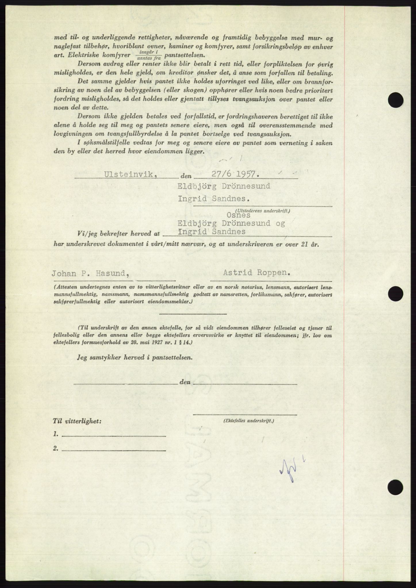 Søre Sunnmøre sorenskriveri, AV/SAT-A-4122/1/2/2C/L0130: Mortgage book no. 18B, 1957-1958, Diary no: : 1516/1957