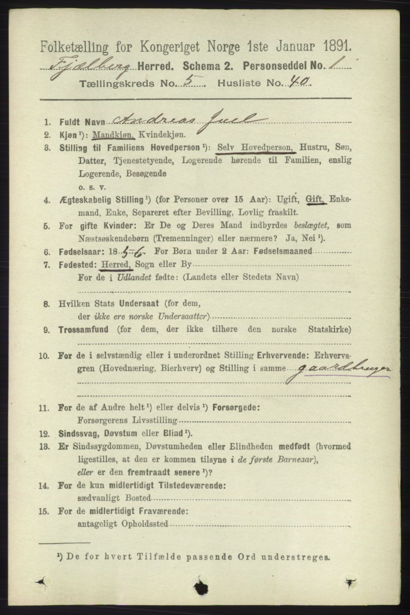 RA, 1891 census for 1213 Fjelberg, 1891, p. 1705