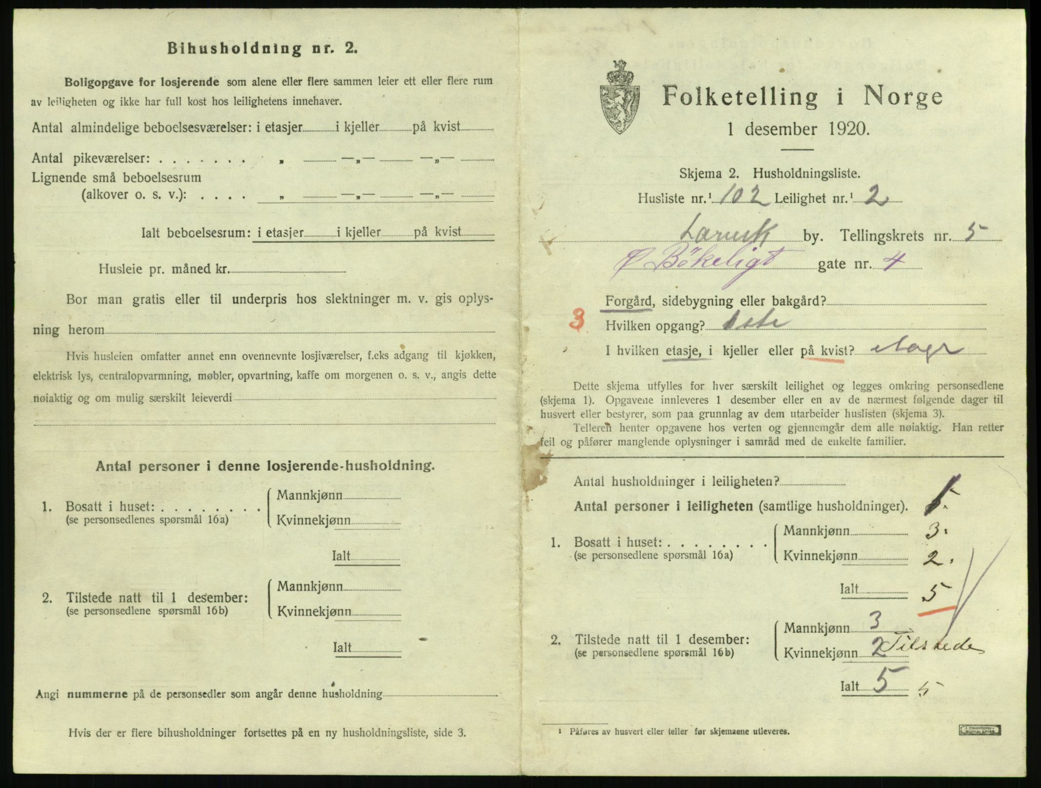 SAKO, 1920 census for Larvik, 1920, p. 5330