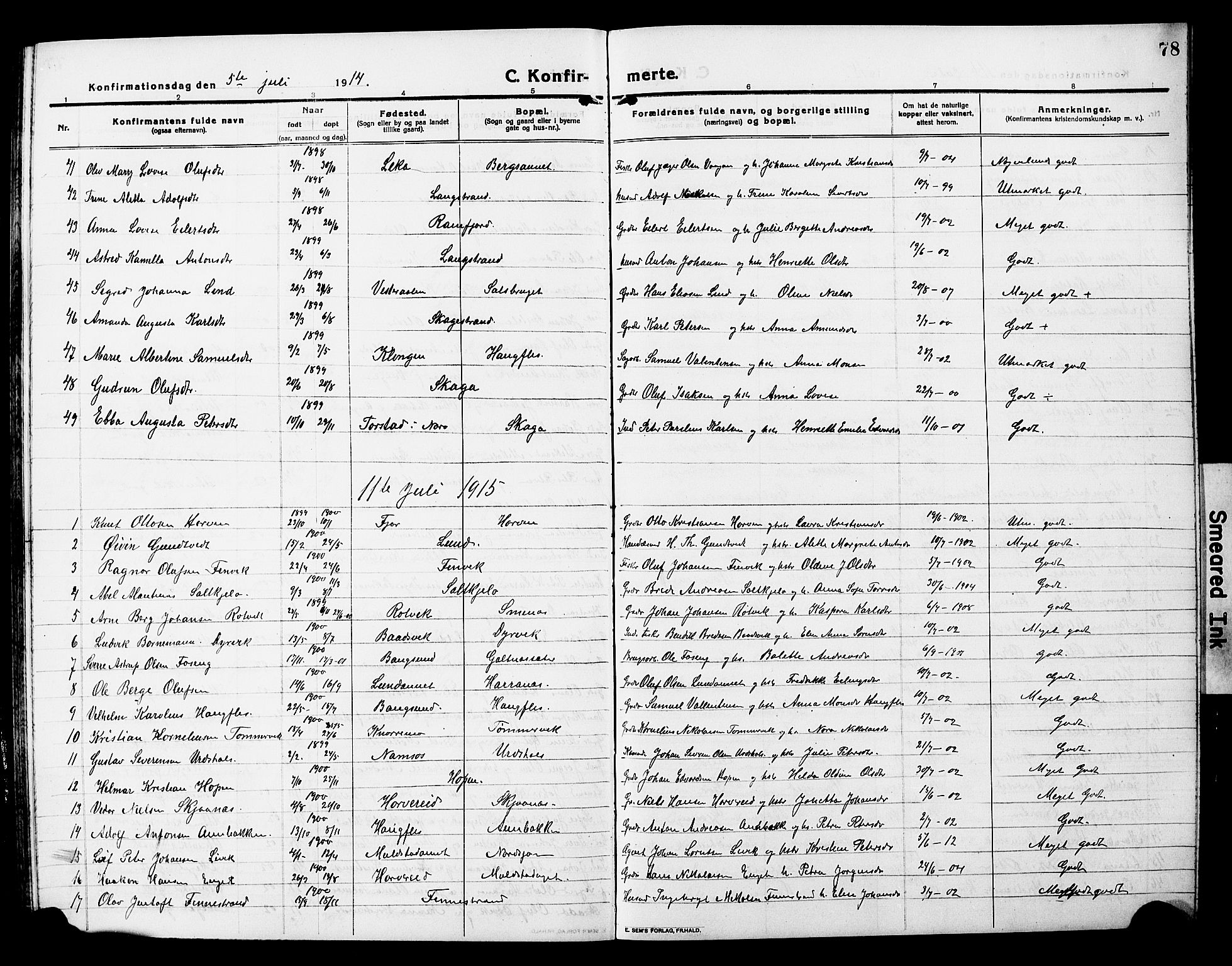 Ministerialprotokoller, klokkerbøker og fødselsregistre - Nord-Trøndelag, SAT/A-1458/780/L0653: Parish register (copy) no. 780C05, 1911-1927, p. 78