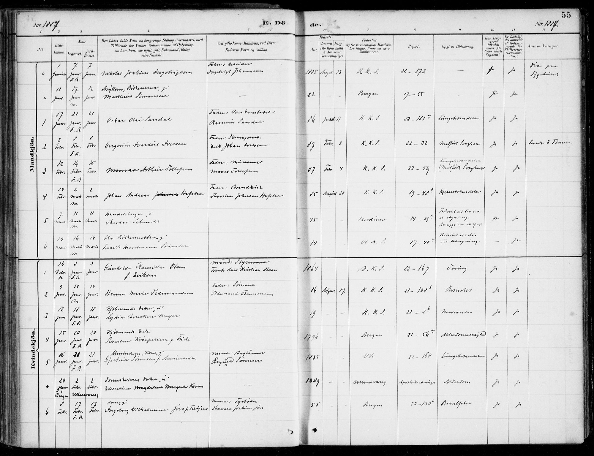 Korskirken sokneprestembete, SAB/A-76101/H/Hab: Parish register (copy) no. E 4, 1884-1910, p. 55