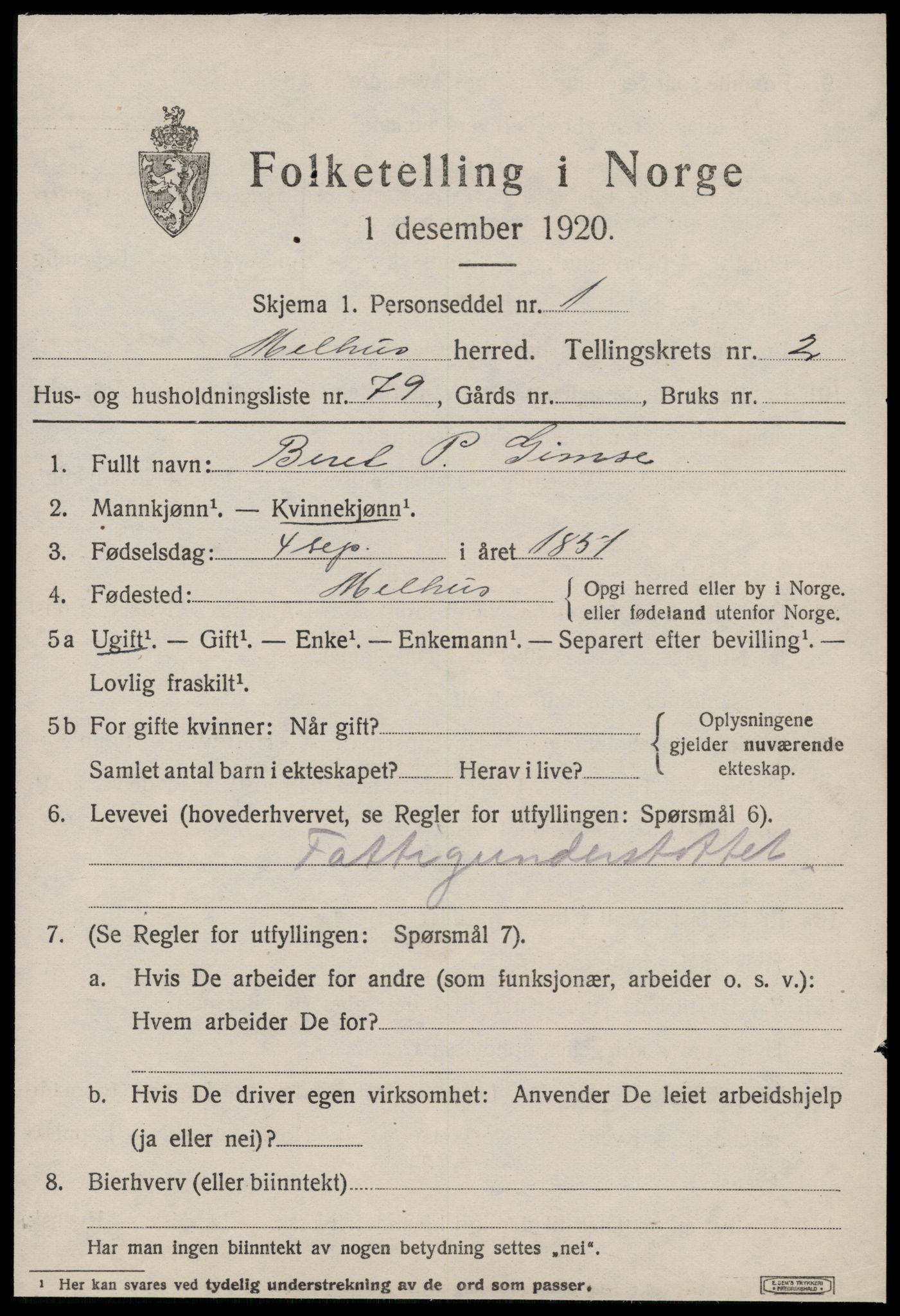 SAT, 1920 census for Melhus, 1920, p. 2591