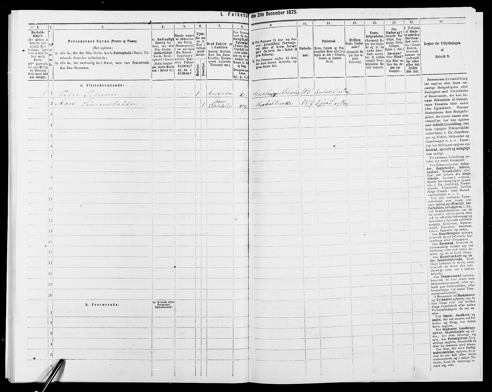 SAK, 1875 census for 0923L Fjære/Fjære, 1875, p. 1380