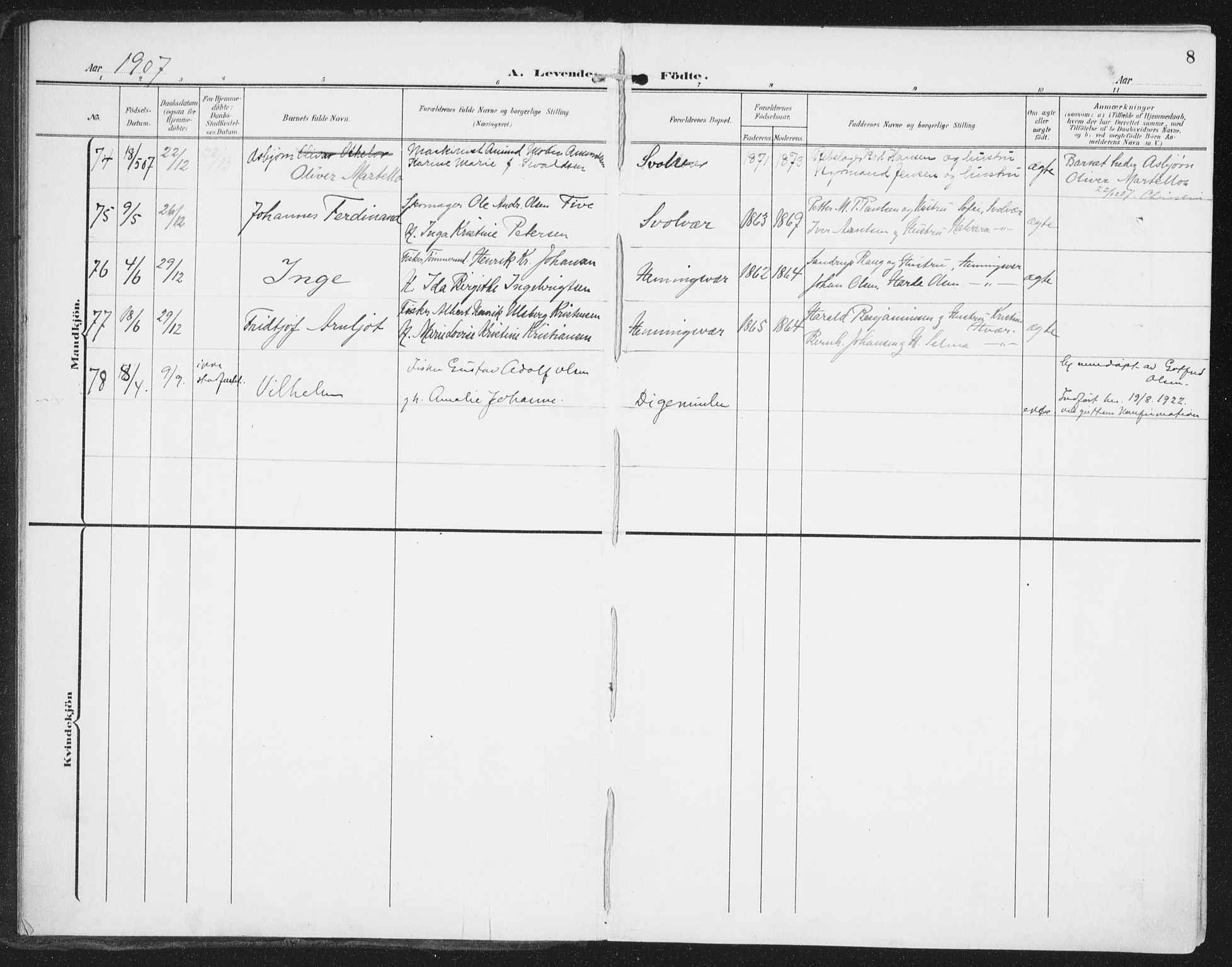 Ministerialprotokoller, klokkerbøker og fødselsregistre - Nordland, AV/SAT-A-1459/874/L1063: Parish register (official) no. 874A07, 1907-1915, p. 8