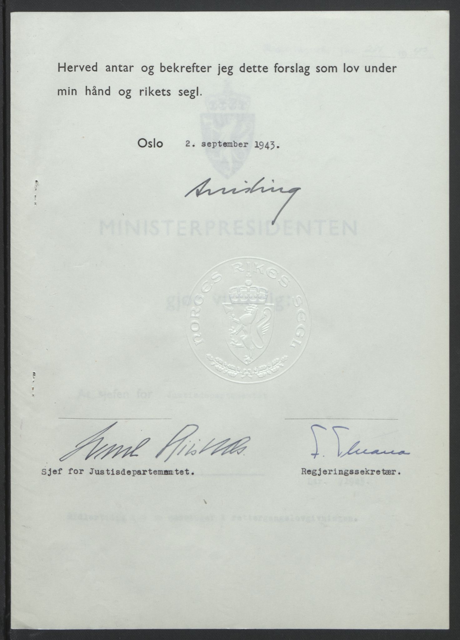 NS-administrasjonen 1940-1945 (Statsrådsekretariatet, de kommisariske statsråder mm), AV/RA-S-4279/D/Db/L0099: Lover, 1943, p. 539