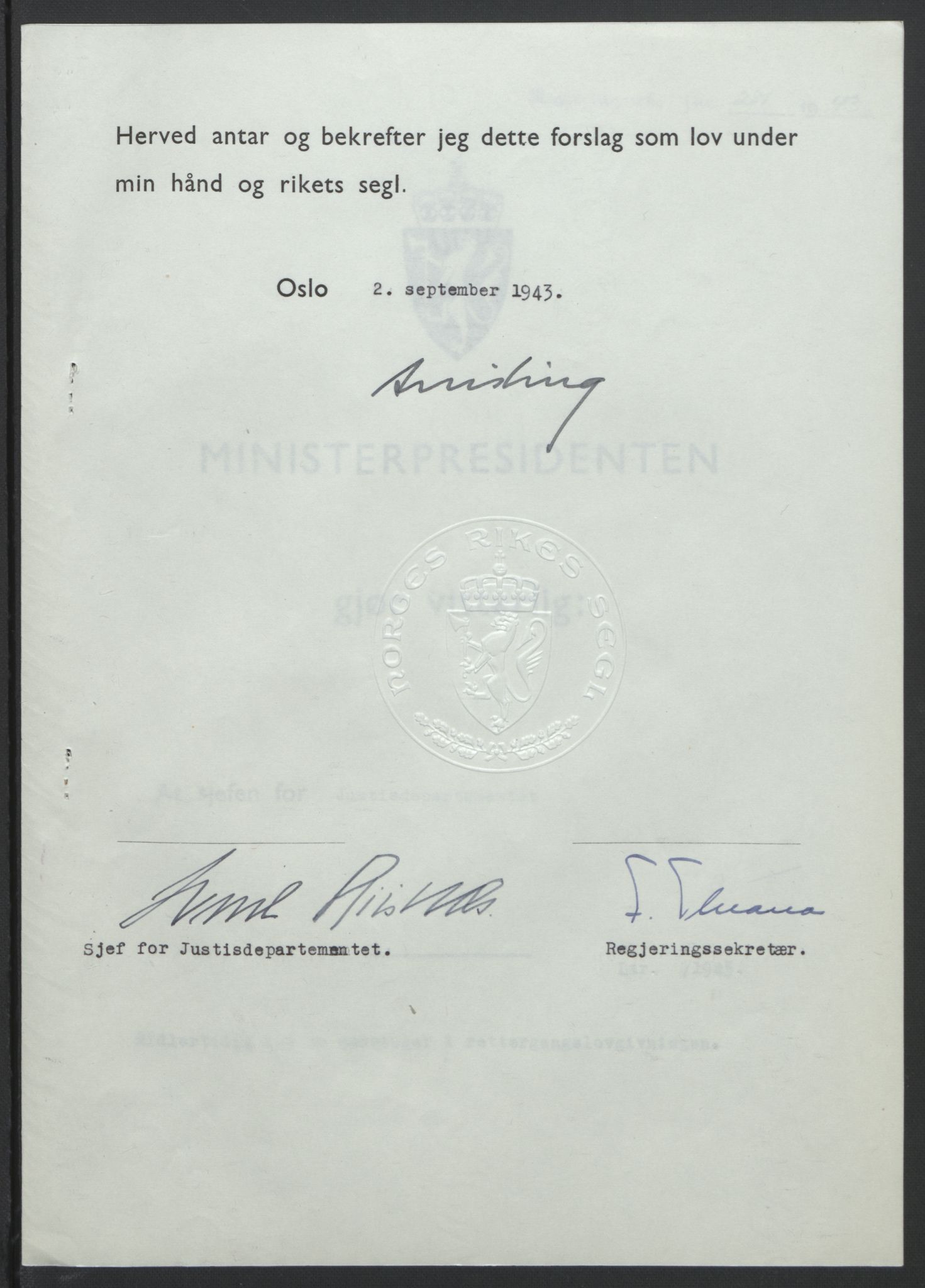 NS-administrasjonen 1940-1945 (Statsrådsekretariatet, de kommisariske statsråder mm), RA/S-4279/D/Db/L0099: Lover, 1943, p. 539