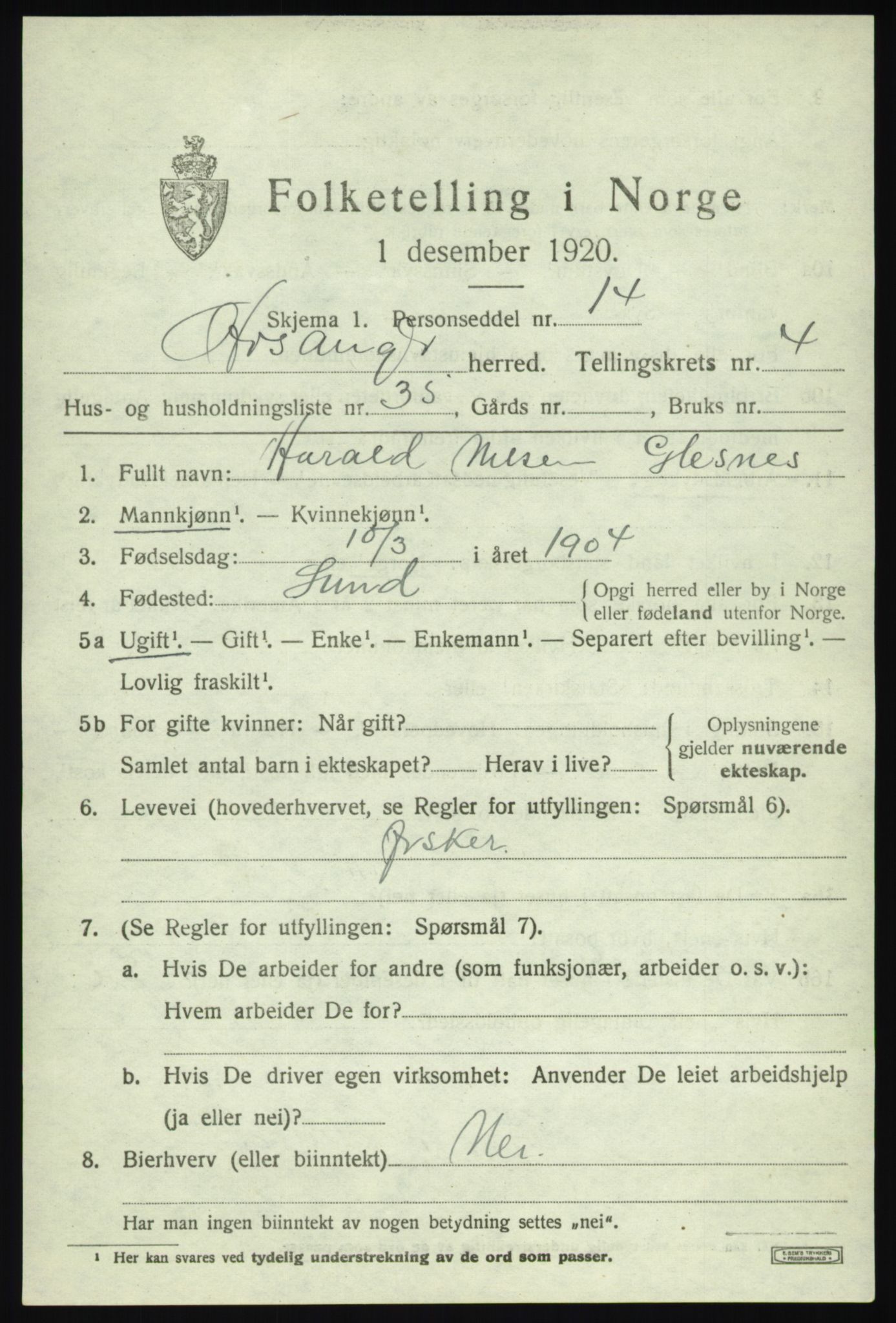 SAB, 1920 census for Hosanger, 1920, p. 2299