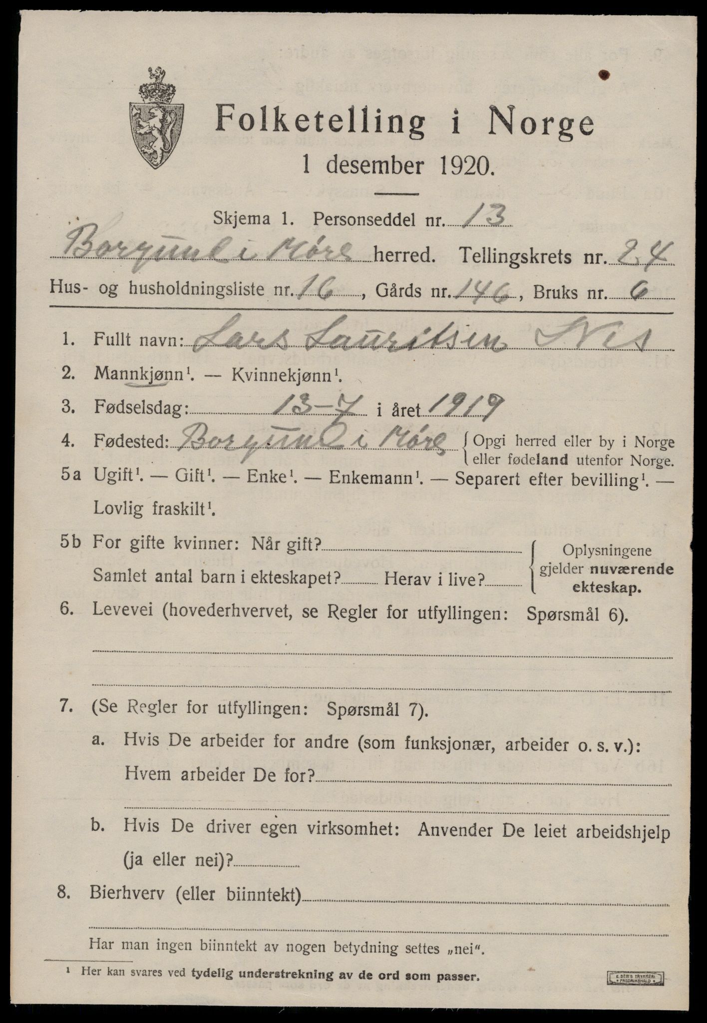 SAT, 1920 census for Borgund, 1920, p. 16796