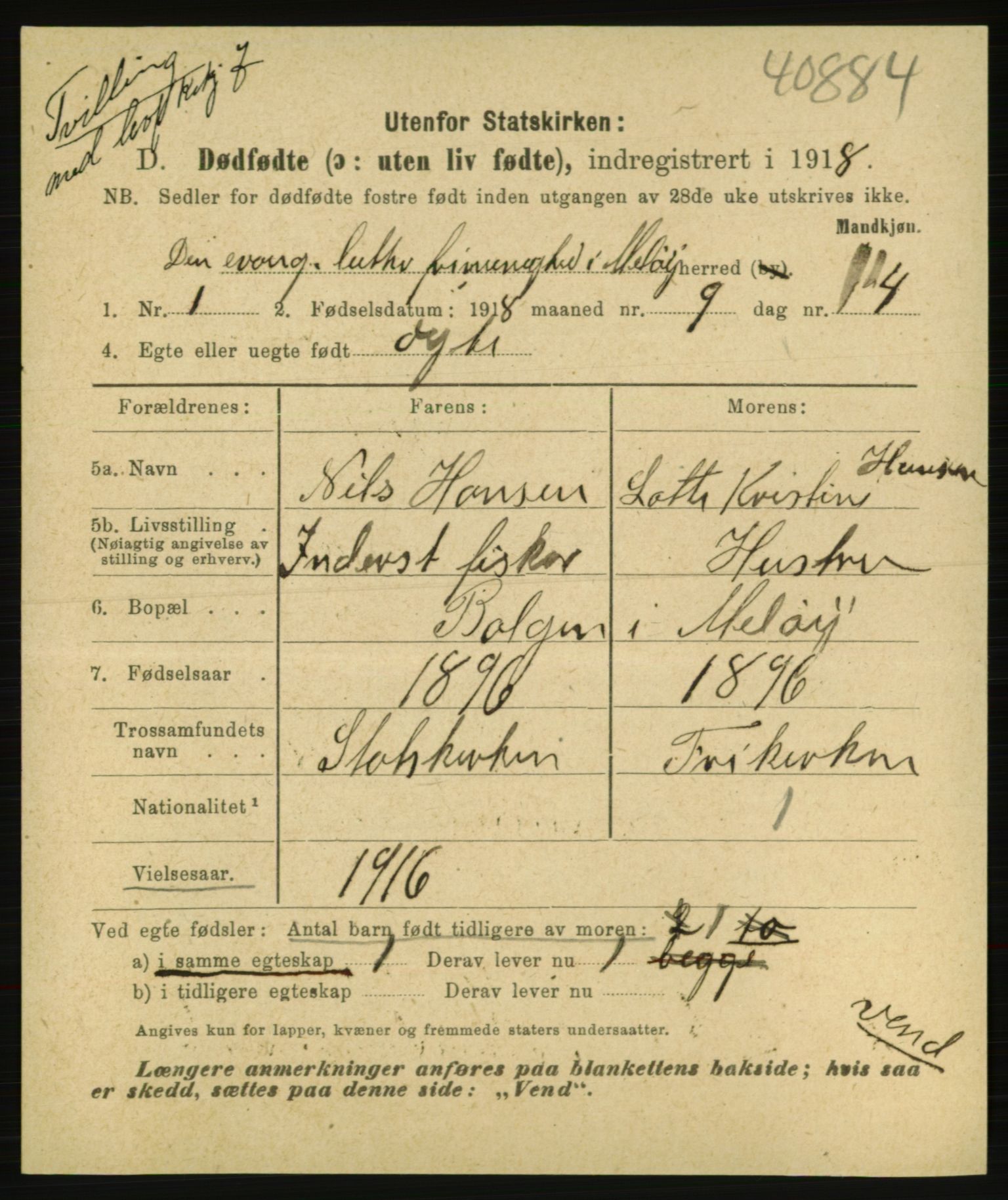 Statistisk sentralbyrå, Sosiodemografiske emner, Befolkning, AV/RA-S-2228/E/L0016: Fødte, gifte, døde dissentere., 1918, p. 3835