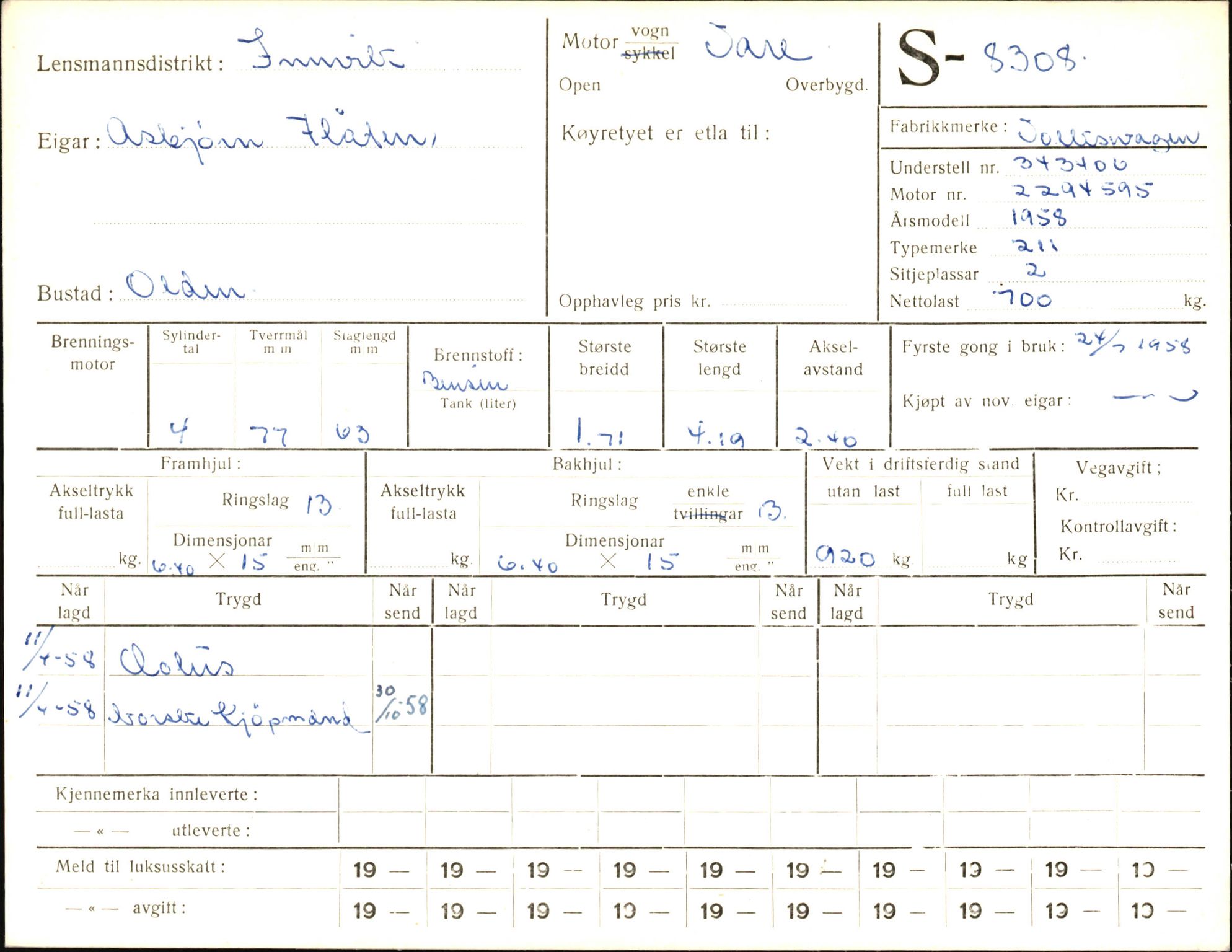 Statens vegvesen, Sogn og Fjordane vegkontor, AV/SAB-A-5301/4/F/L0006: Registerkort utmeldte Fjordane S8300-9500, 1930-1961, p. 16