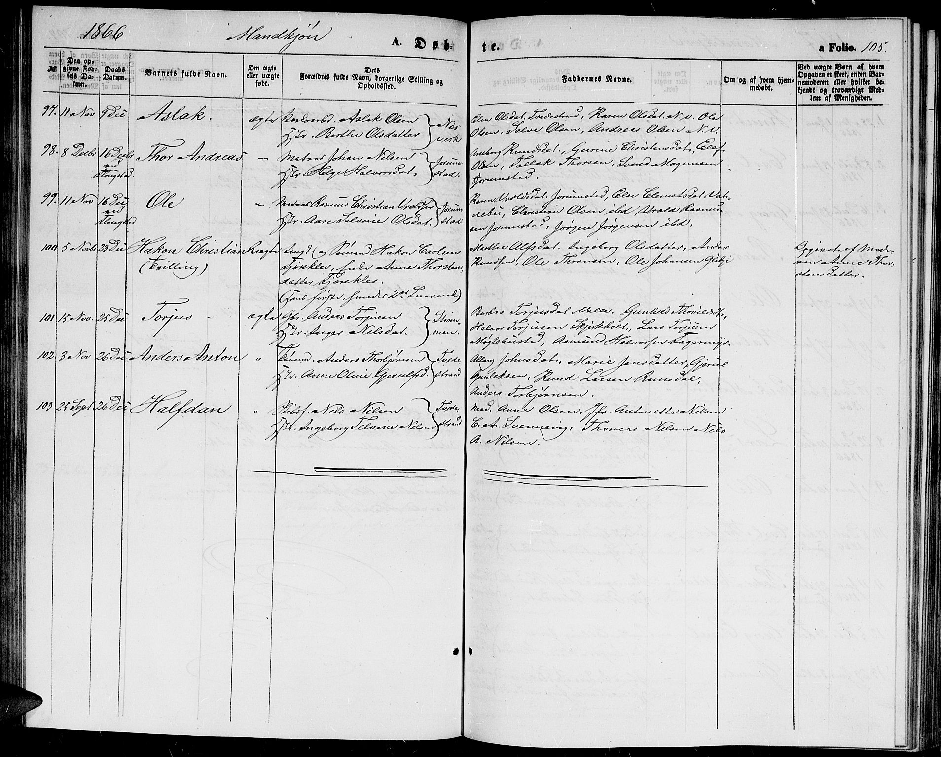 Holt sokneprestkontor, AV/SAK-1111-0021/F/Fb/L0008: Parish register (copy) no. B 8, 1858-1871, p. 105