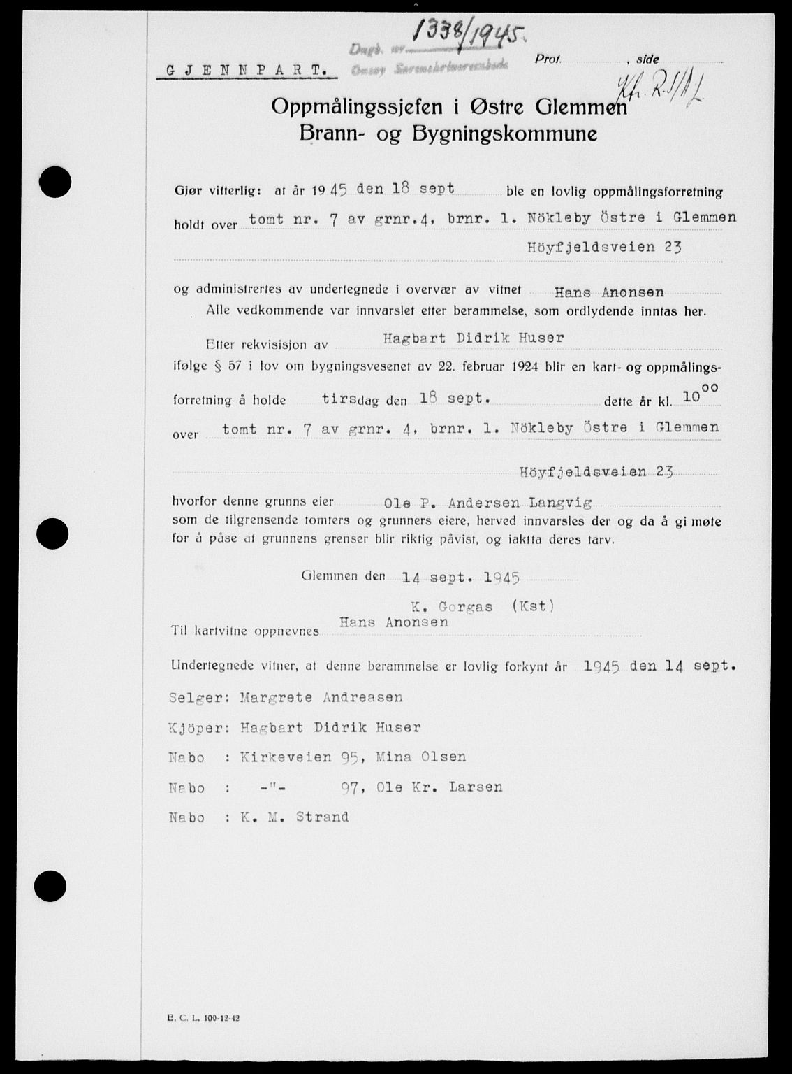 Onsøy sorenskriveri, SAO/A-10474/G/Ga/Gab/L0015: Mortgage book no. II A-15, 1945-1946, Diary no: : 1338/1945