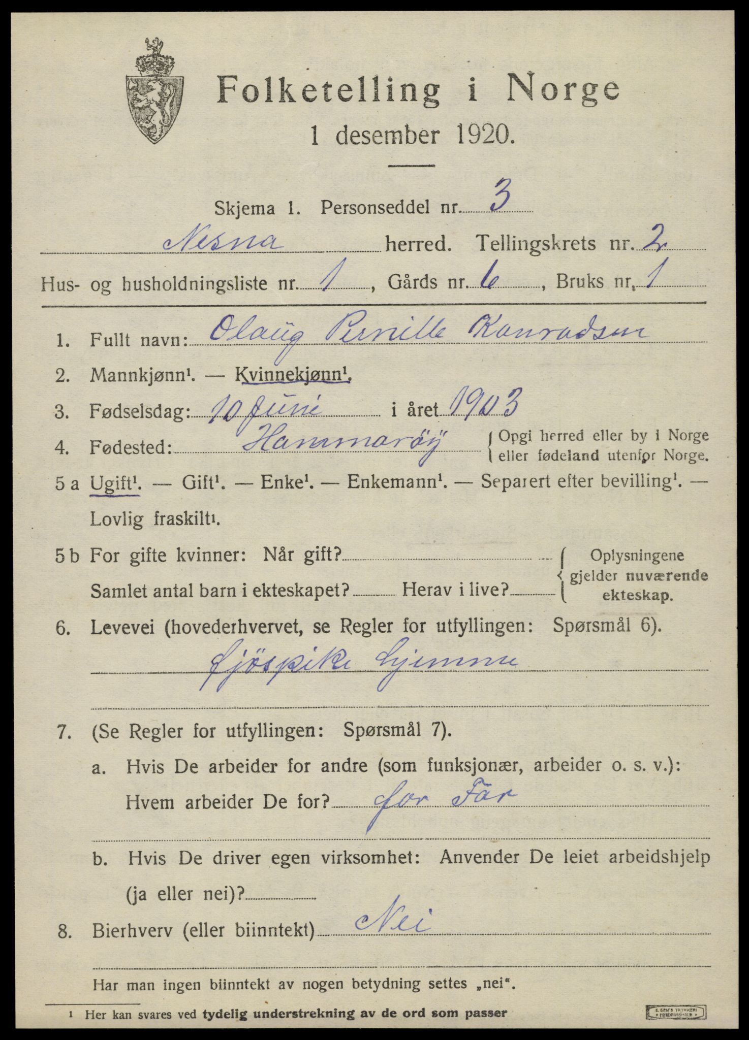 SAT, 1920 census for Nesna, 1920, p. 1731