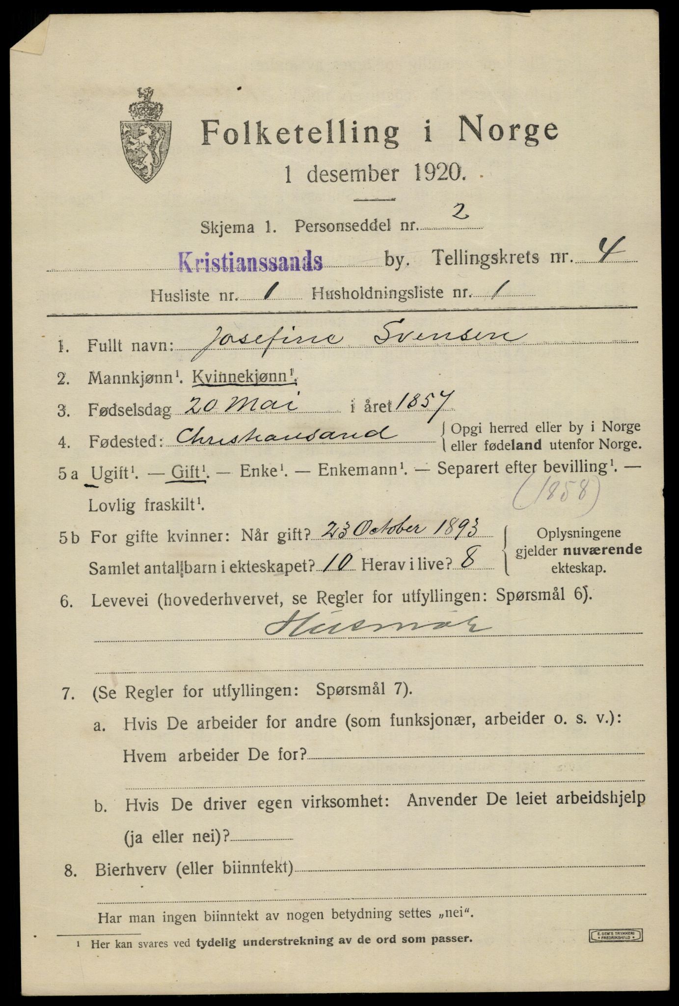 SAK, 1920 census for Kristiansand, 1920, p. 15327