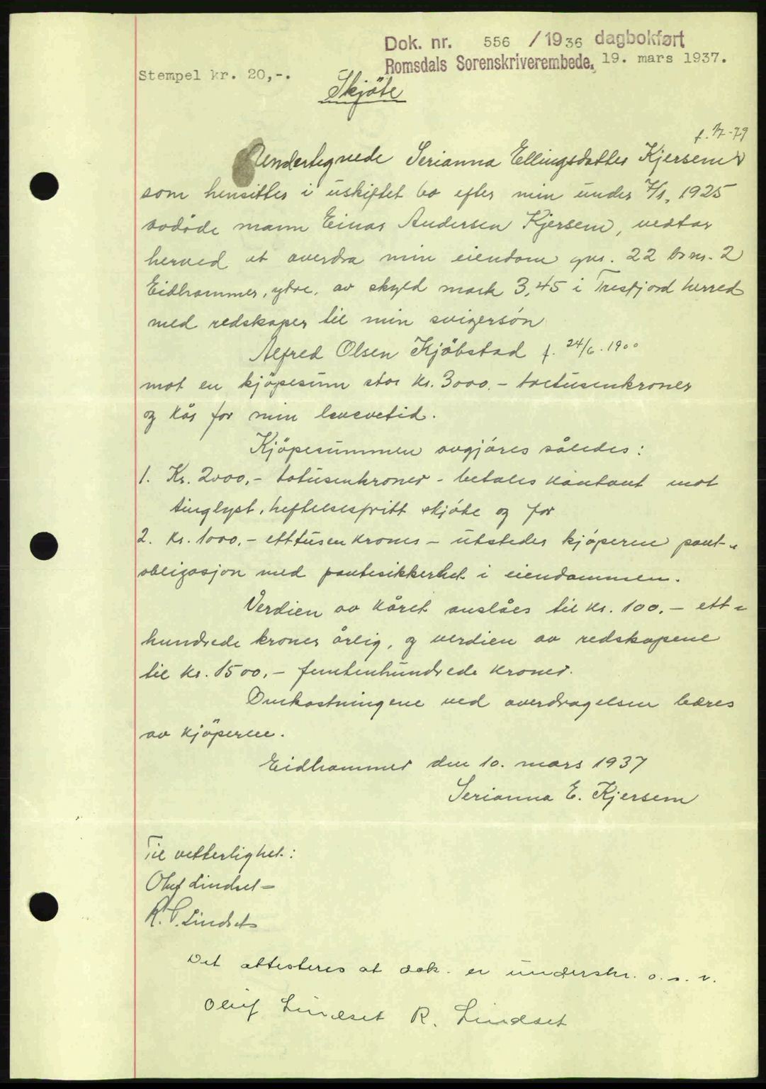 Romsdal sorenskriveri, AV/SAT-A-4149/1/2/2C: Mortgage book no. A2, 1936-1937, Diary no: : 556/1937