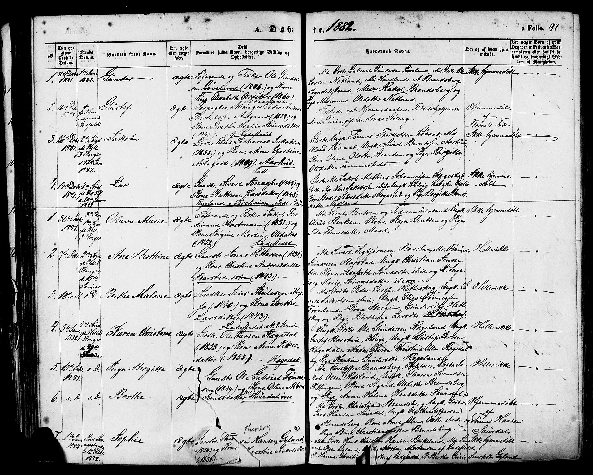 Sokndal sokneprestkontor, AV/SAST-A-101808: Parish register (official) no. A 10, 1874-1886, p. 97