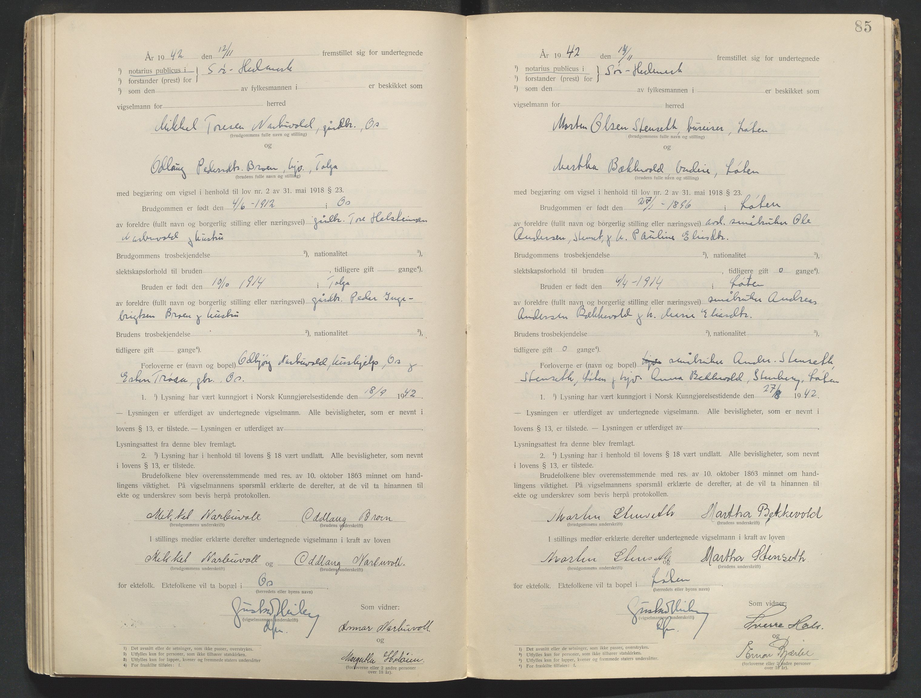 Sør-Hedmark sorenskriveri, AV/SAH-TING-014/L/Le/L0001/0002: Vigselbøker / Vigselbok, 1938-1942, p. 85
