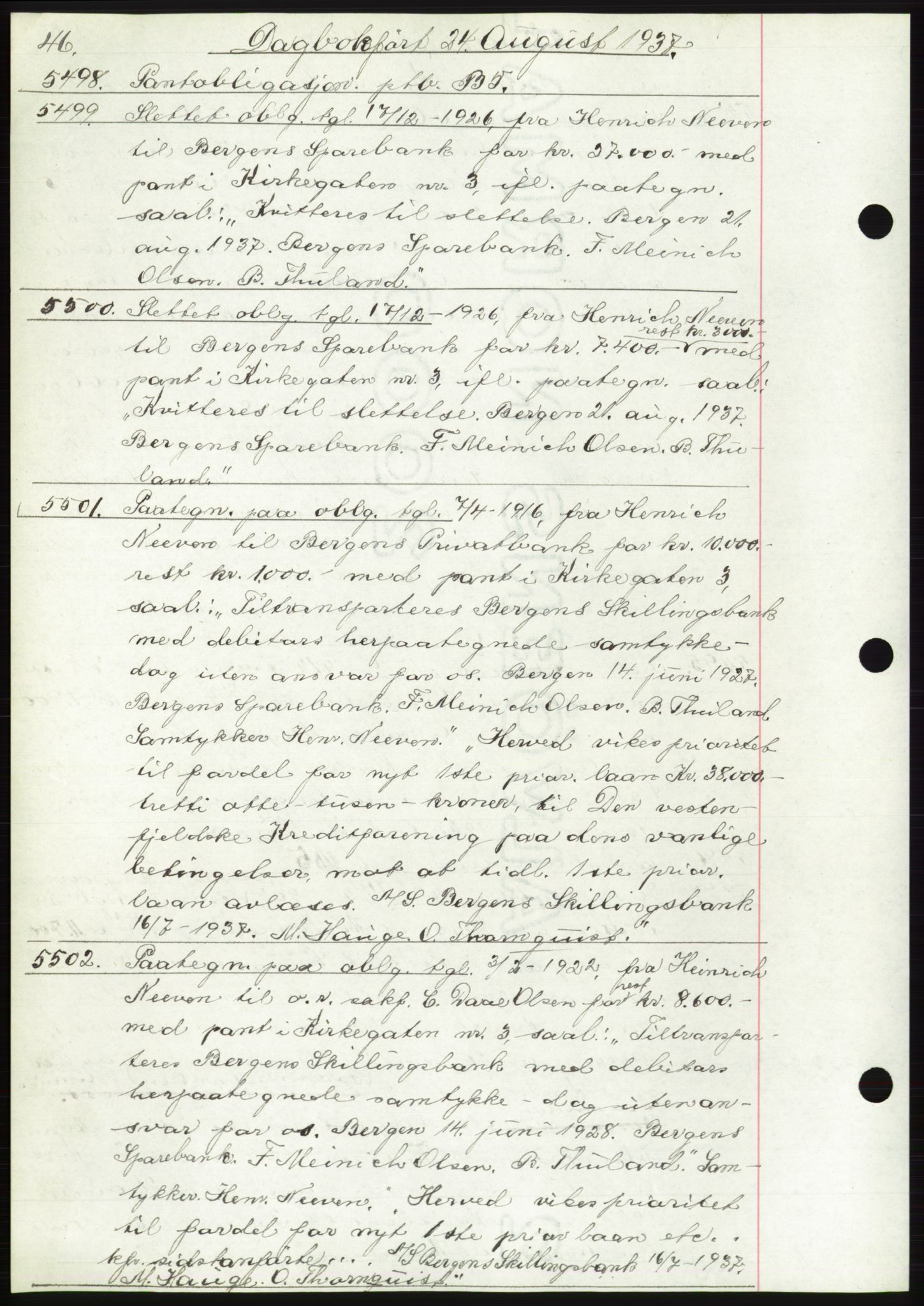Byfogd og Byskriver i Bergen, AV/SAB-A-3401/03: Mortgage book no. C 5, 1937-1937, Diary no: : 5498/1937