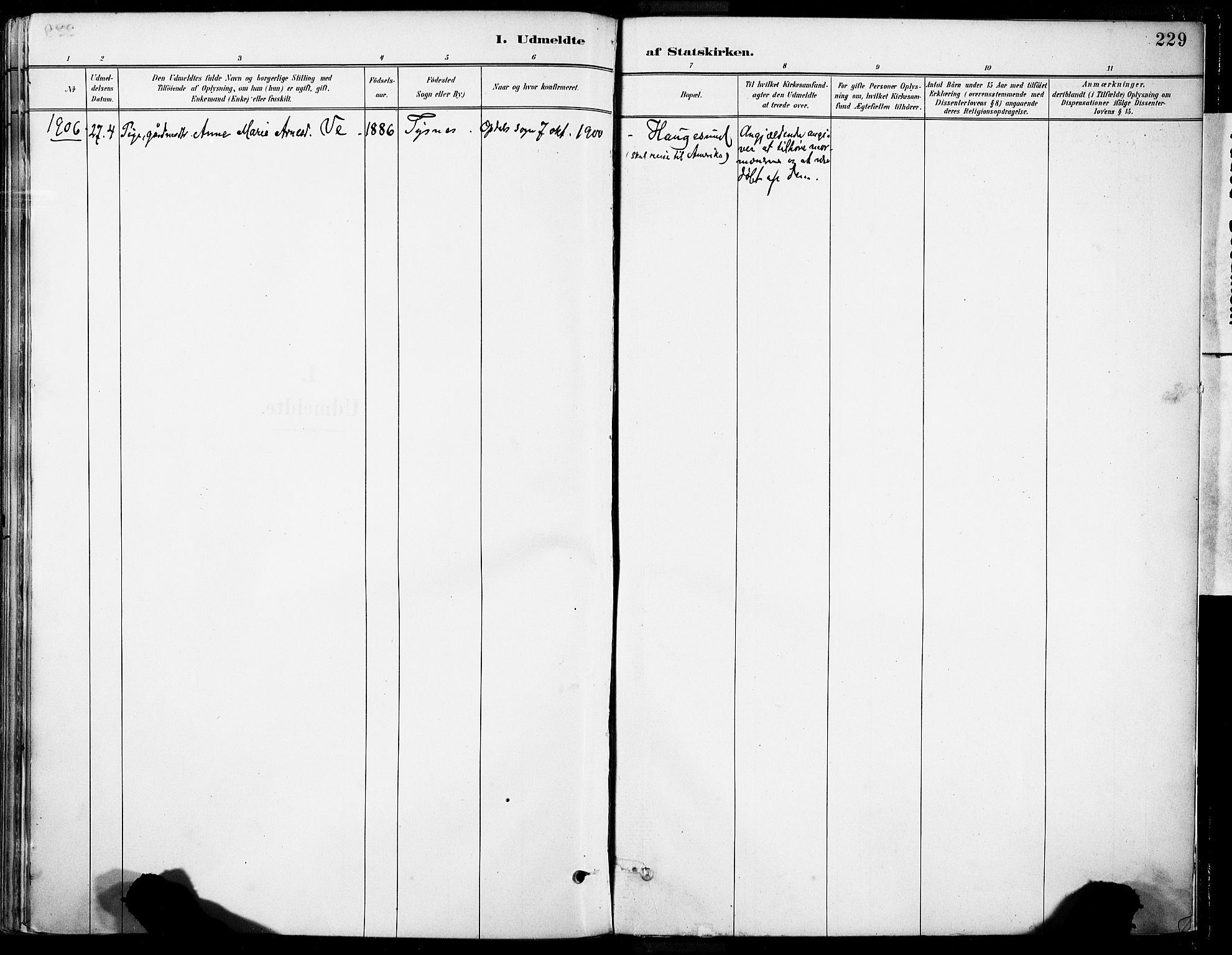 Tysnes sokneprestembete, SAB/A-78601/H/Haa: Parish register (official) no. B 1, 1887-1906, p. 229