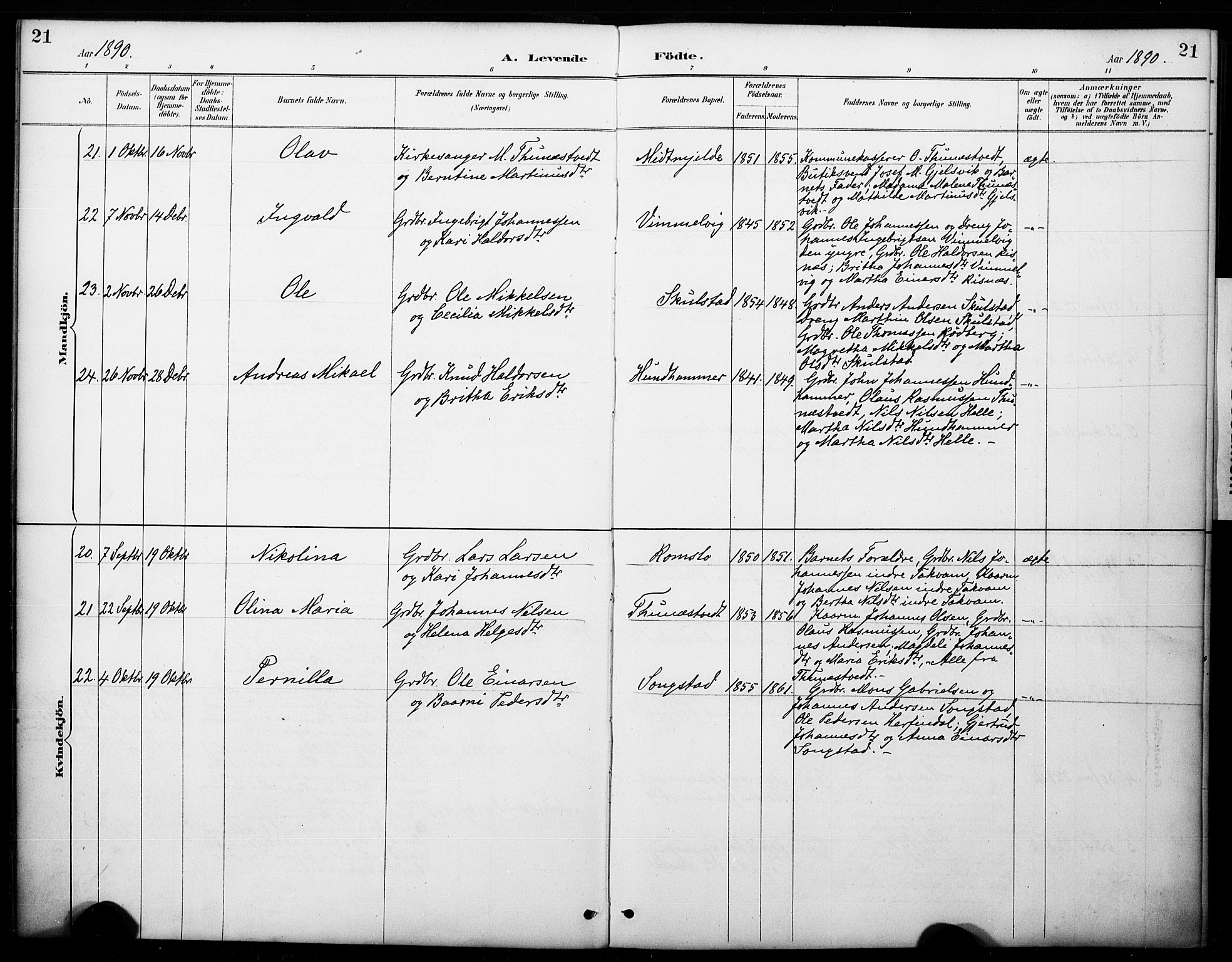 Haus sokneprestembete, AV/SAB-A-75601/H/Haa: Parish register (official) no. B 1, 1887-1898, p. 21