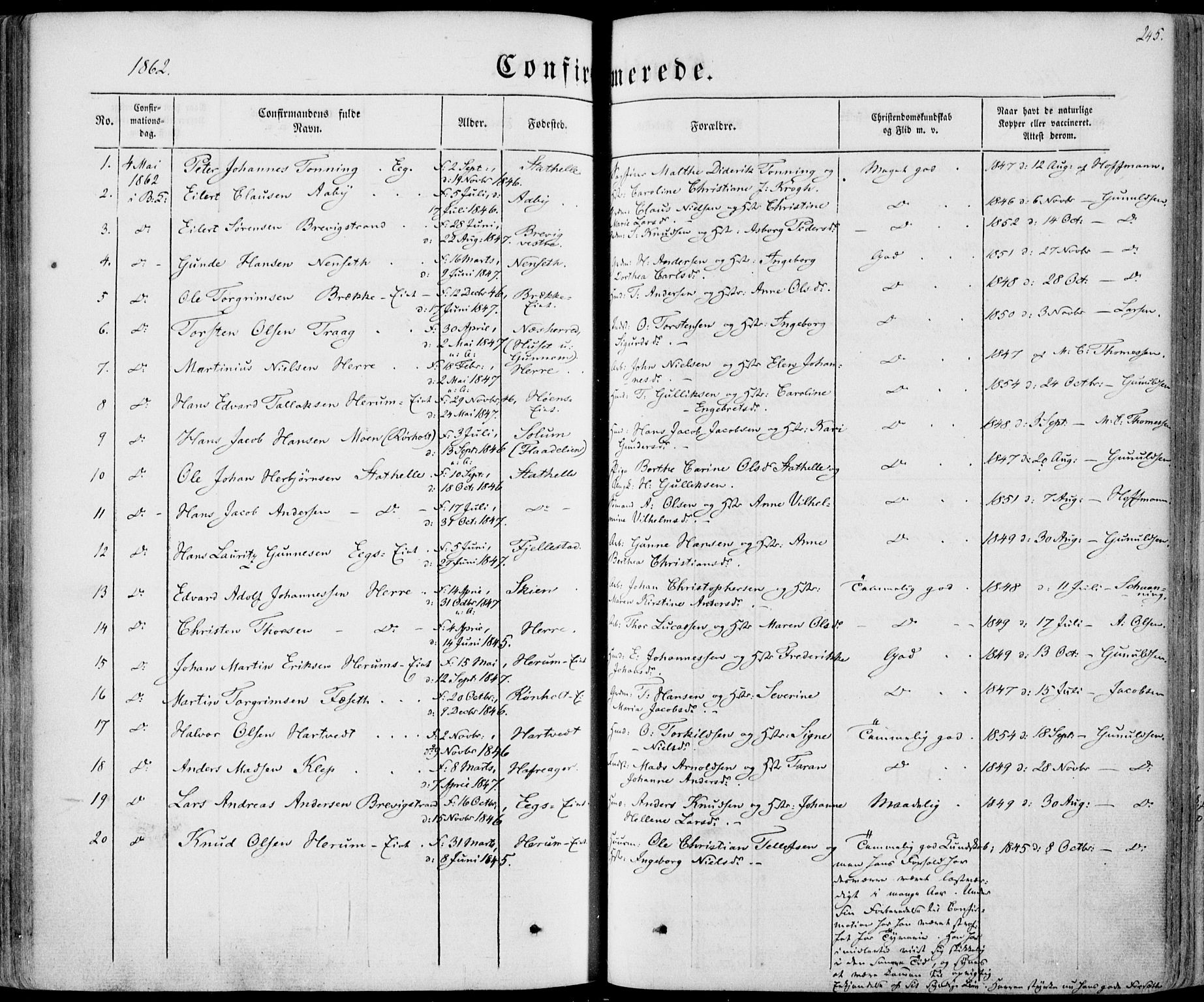 Bamble kirkebøker, SAKO/A-253/F/Fa/L0005: Parish register (official) no. I 5, 1854-1869, p. 245