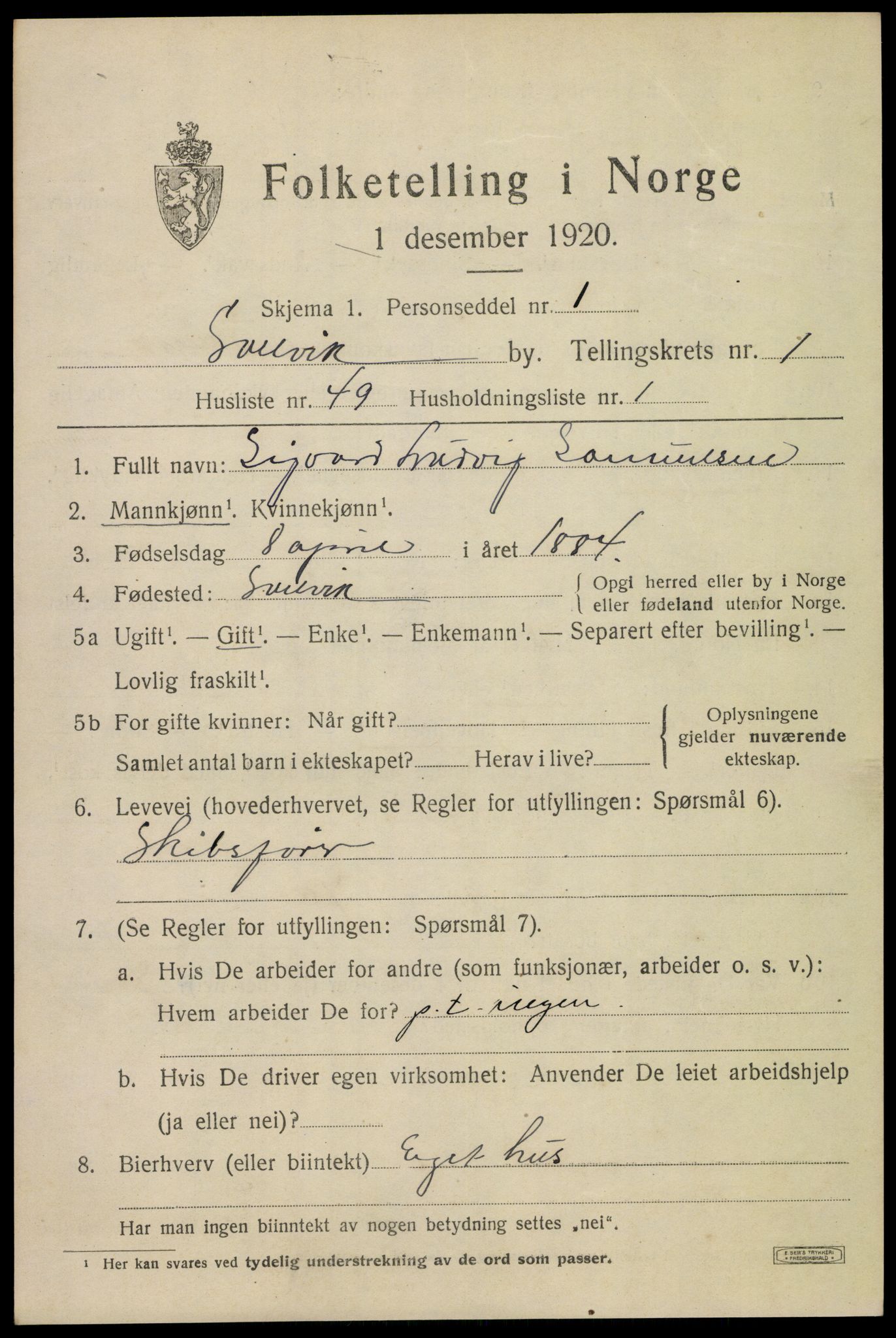 SAKO, 1920 census for Svelvik, 1920, p. 1693