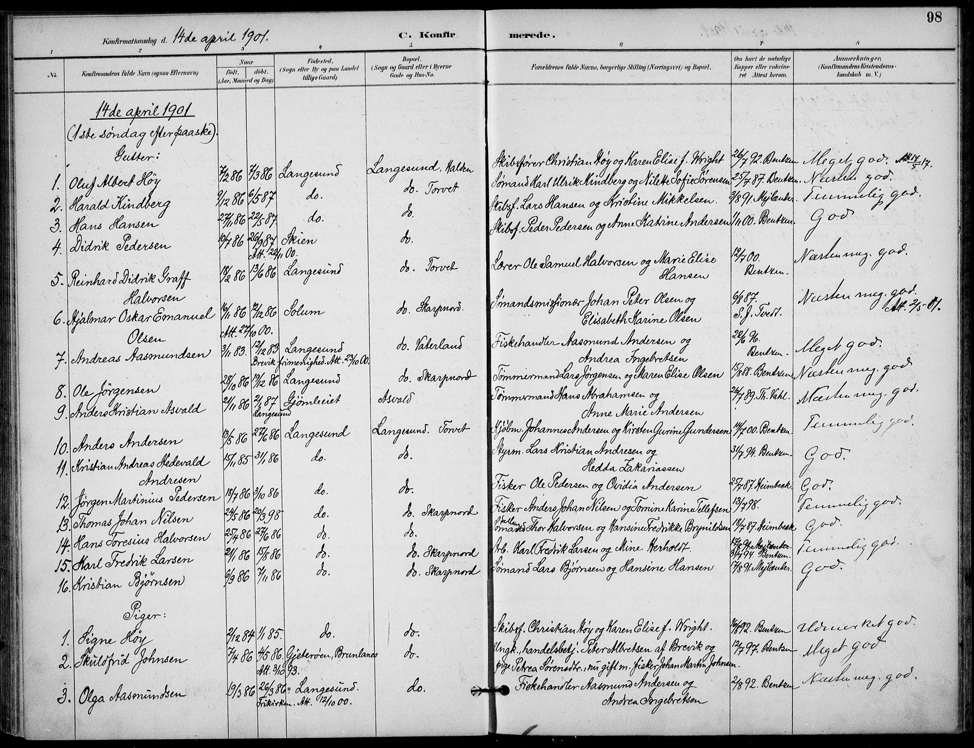 Langesund kirkebøker, SAKO/A-280/F/Fa/L0003: Parish register (official) no. 3, 1893-1907, p. 98